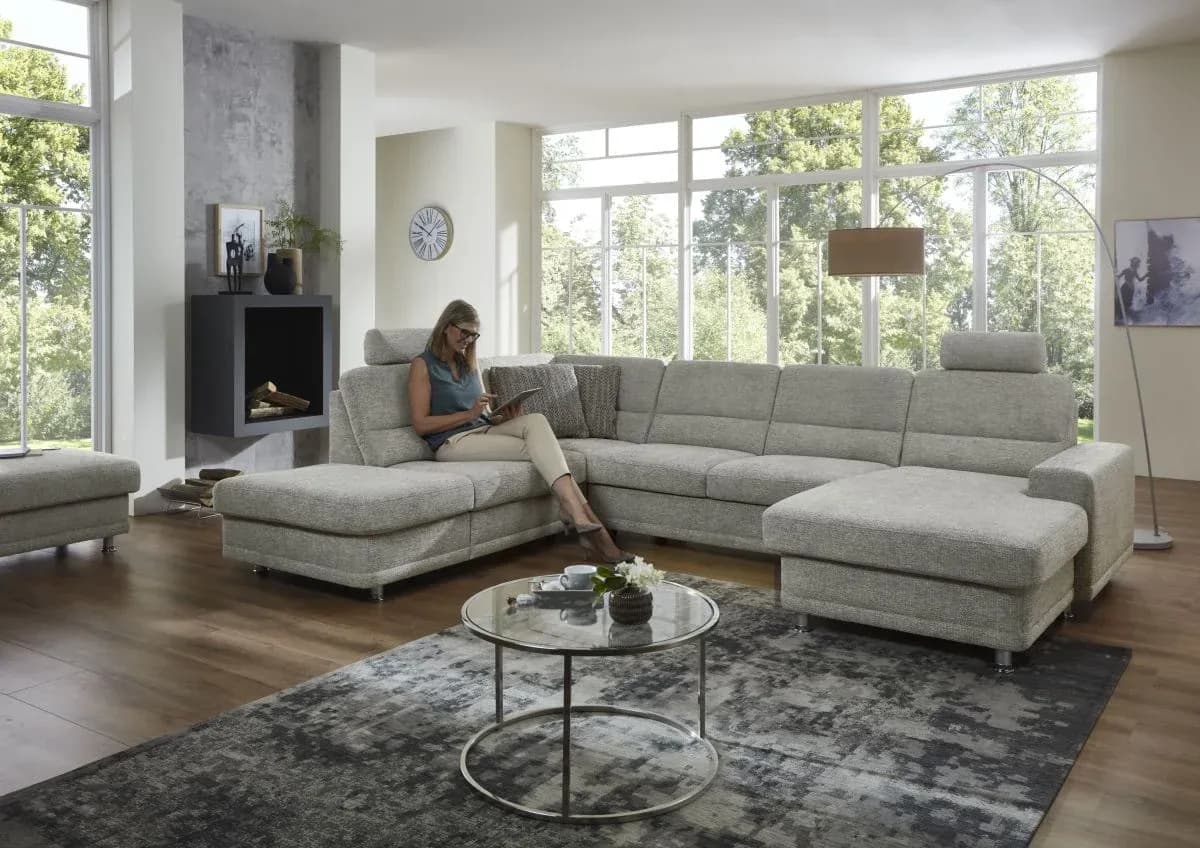 Wohnlandschaft - keine Funktionen, Ecke links, 2,5-Sitzer, Longchair rechts, Webstoff Grau