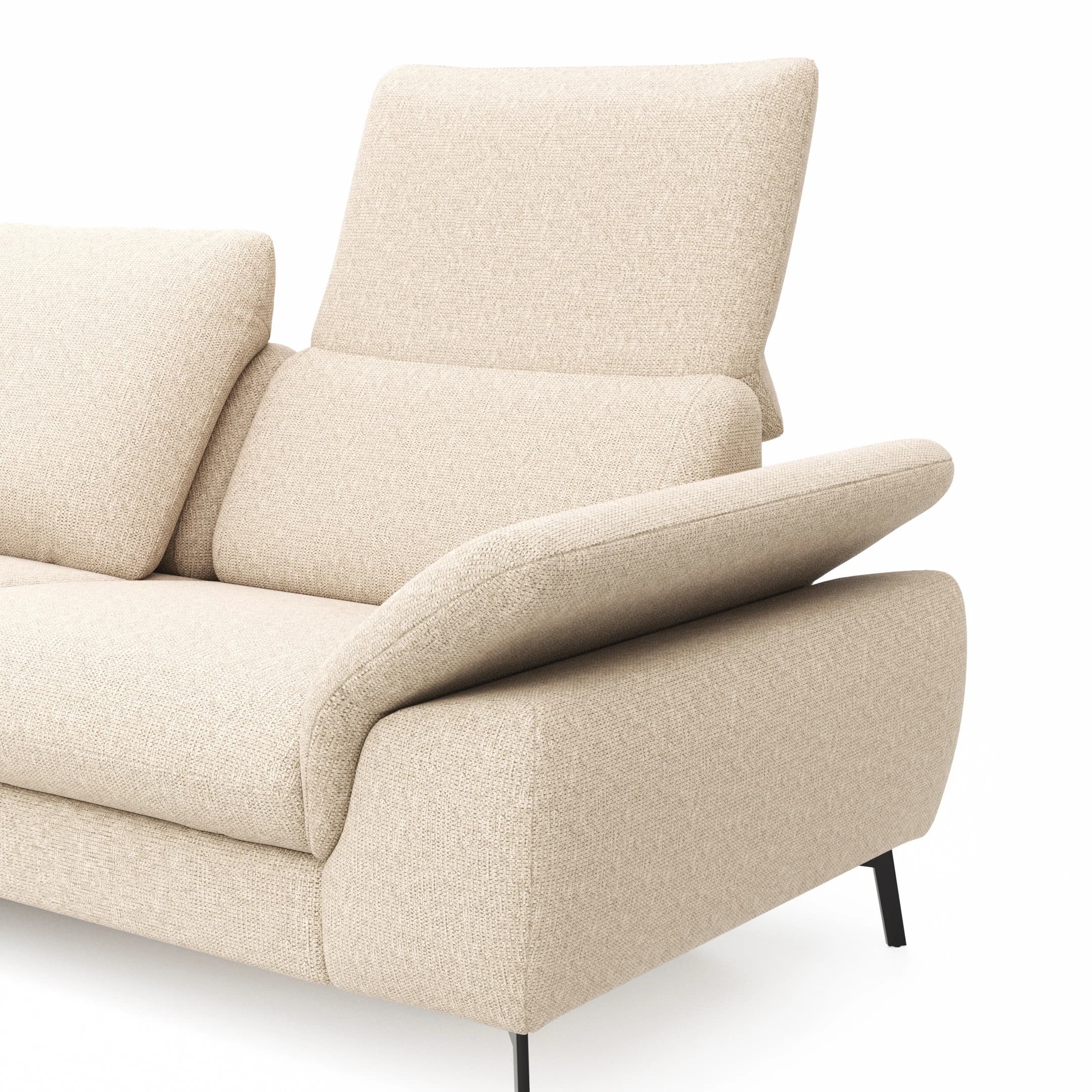 Ecksofa Gotera - Longchair groß mit 1,5-Sitzer med + 1,5-Sitzer med rechts inkl. Schlaffunktion (teilmotorisch), Armlehne klappbar, Rückenlehne verstellbar  und einmal Relaxfunktion (teilmotorisch), Stoff, Creme