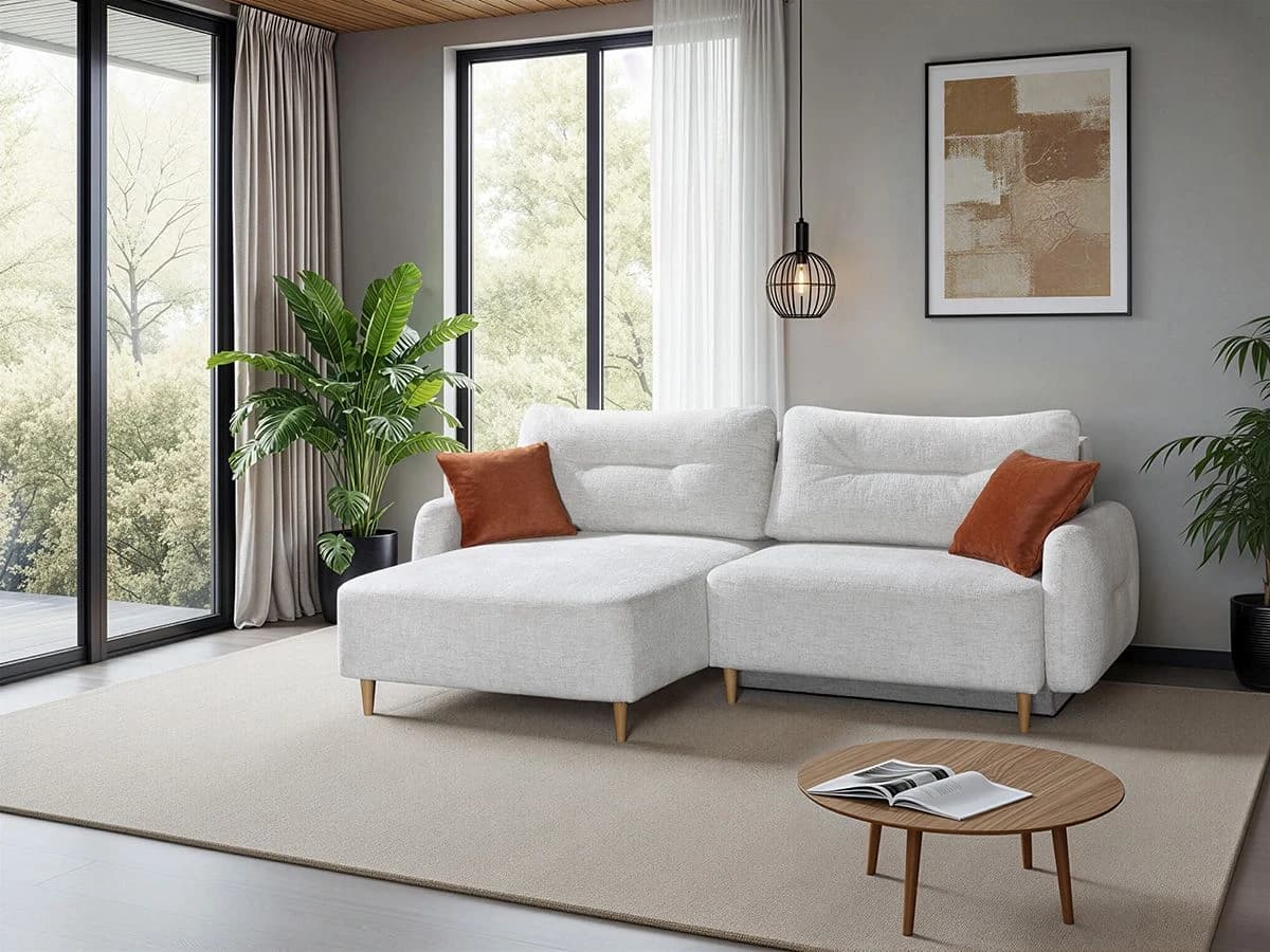 Ecksofa - Longchair links mit 1-Sitzer, Schlaffunktion mit Bettkasten, Stoff, Creme