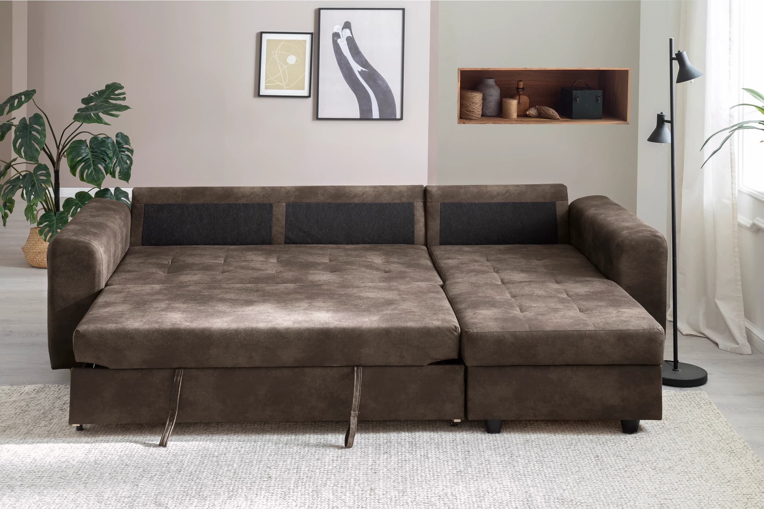 Ecksofa - 2-Sitzer, Ecke rechts, Stoff, Dunkelbraun