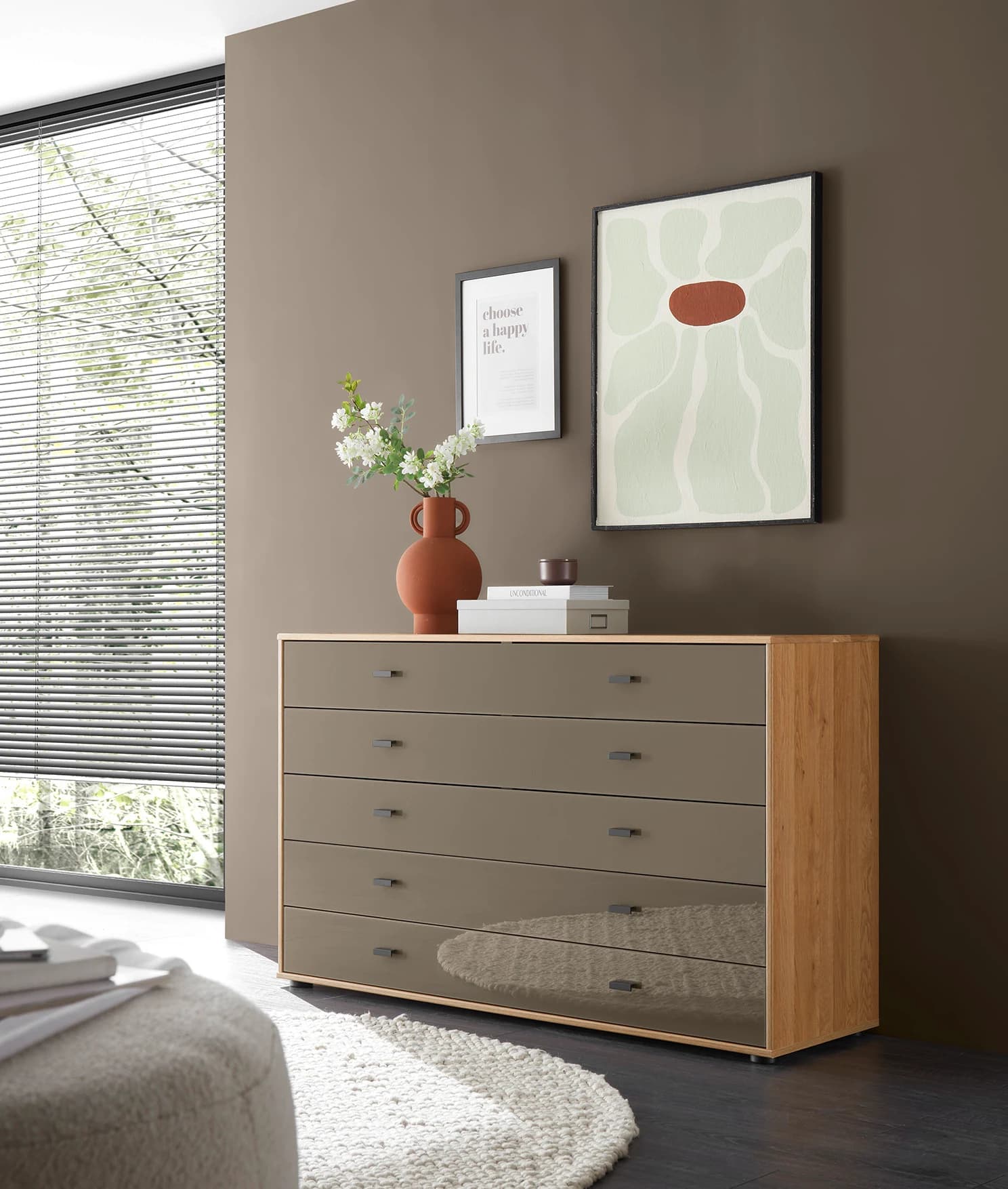 Kommode Lenoso - Eiche Nachbildung, Glas Graubraun