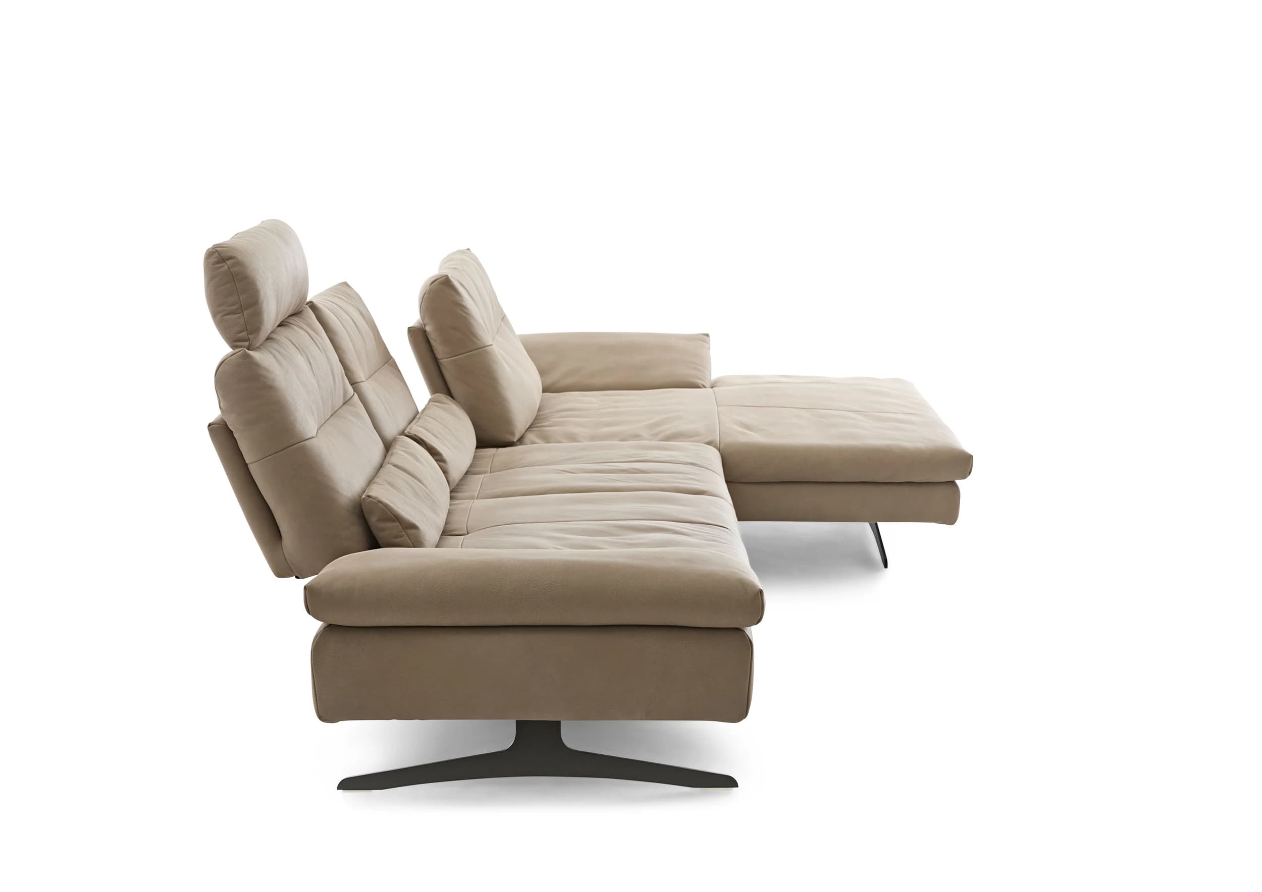 Ecksofa - 3-Sitzer mit Longchair rechts, Sitztiefe verstellbar, Leder, Sand