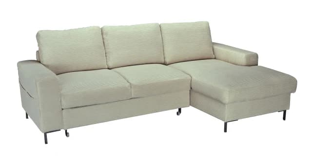 Ecksofa - 2-Sitzer mit Longchair rechts, Schlaffunktion mit Bettkasten, Stoff, Creme