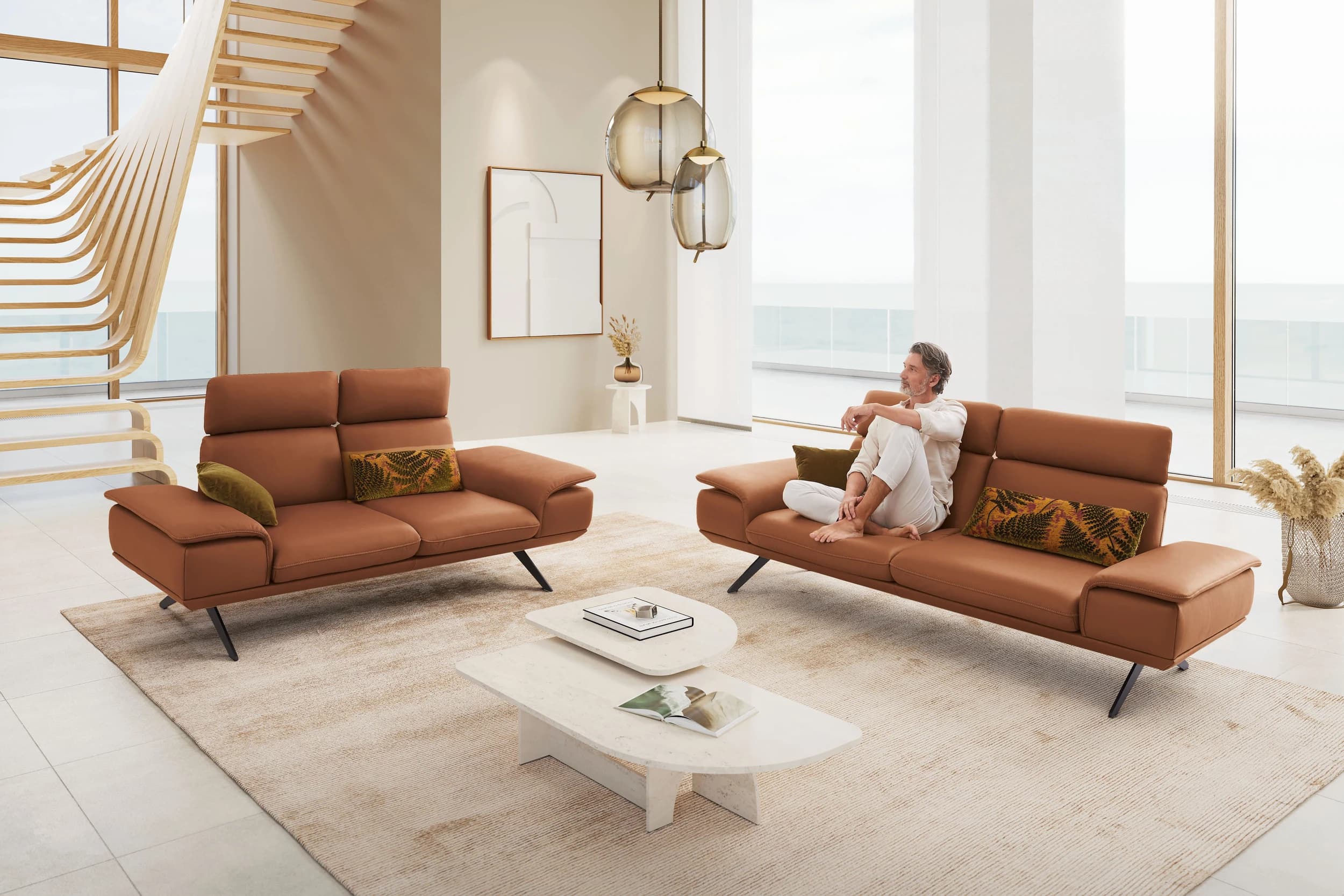 Sofa - 2,5-Sitzer, Kopfstütze/Armlehne verstellbar, Leder, Braungrün