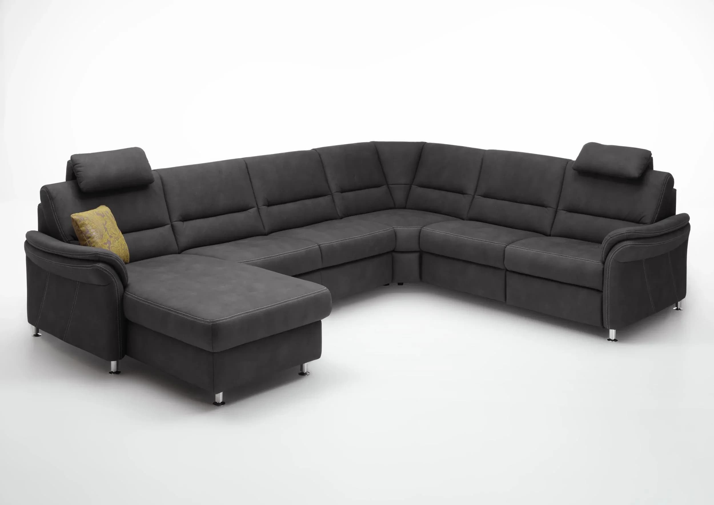 Wohnlandschaft - Longchair links mit 2,5-Sitzer und Ecke rechts inkl. 2 Premiumkopfstützen in Stoff Dunkelgrau
