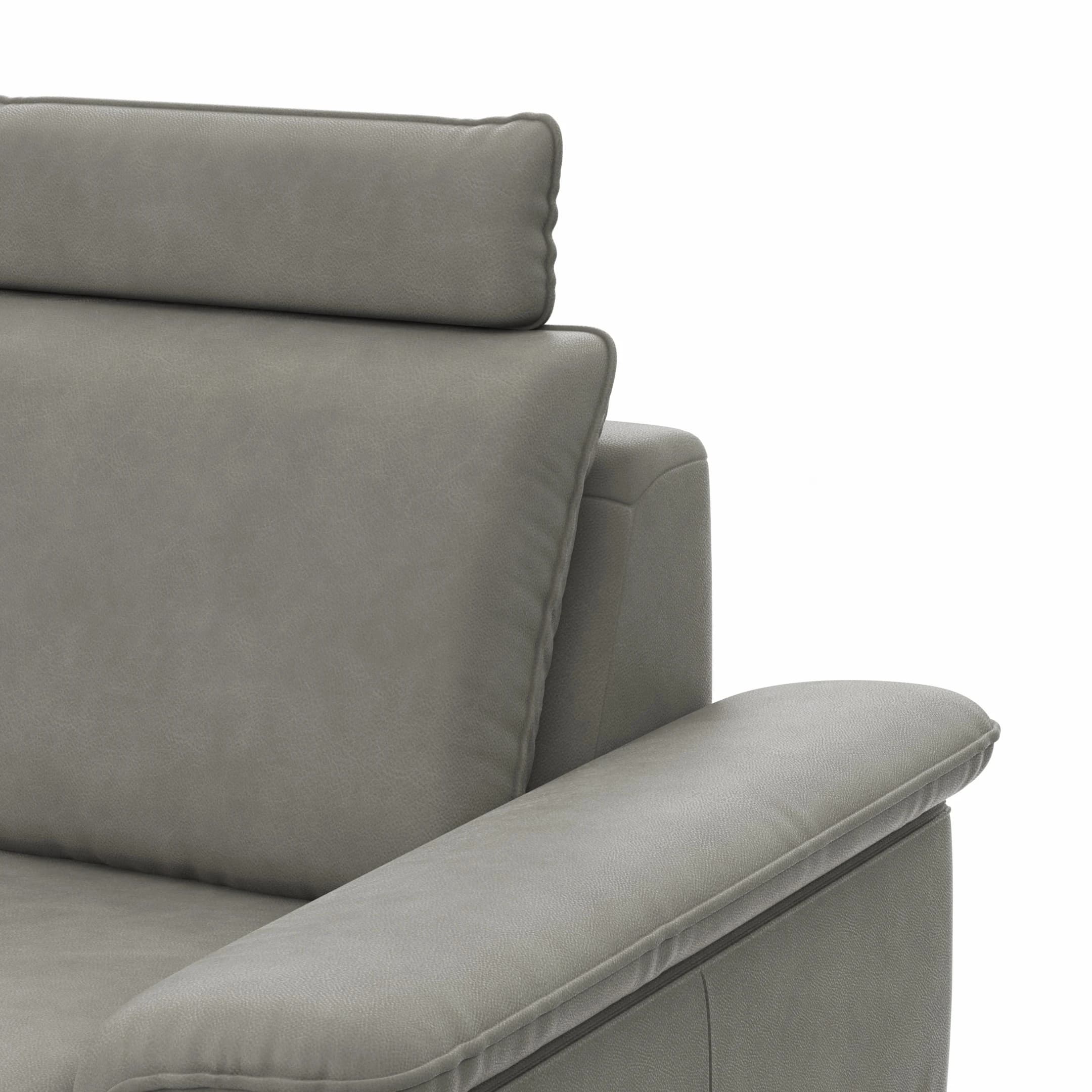 Ecksofa Tulsa KS - 1,5-Sitzer mit Anstellhocker aufklappbar links, Spitzecke und 2,5-Sitzer rechts, inkl. Kopfstütze, AL verstellbar und Schlaffunktion, Leder, Graubeige