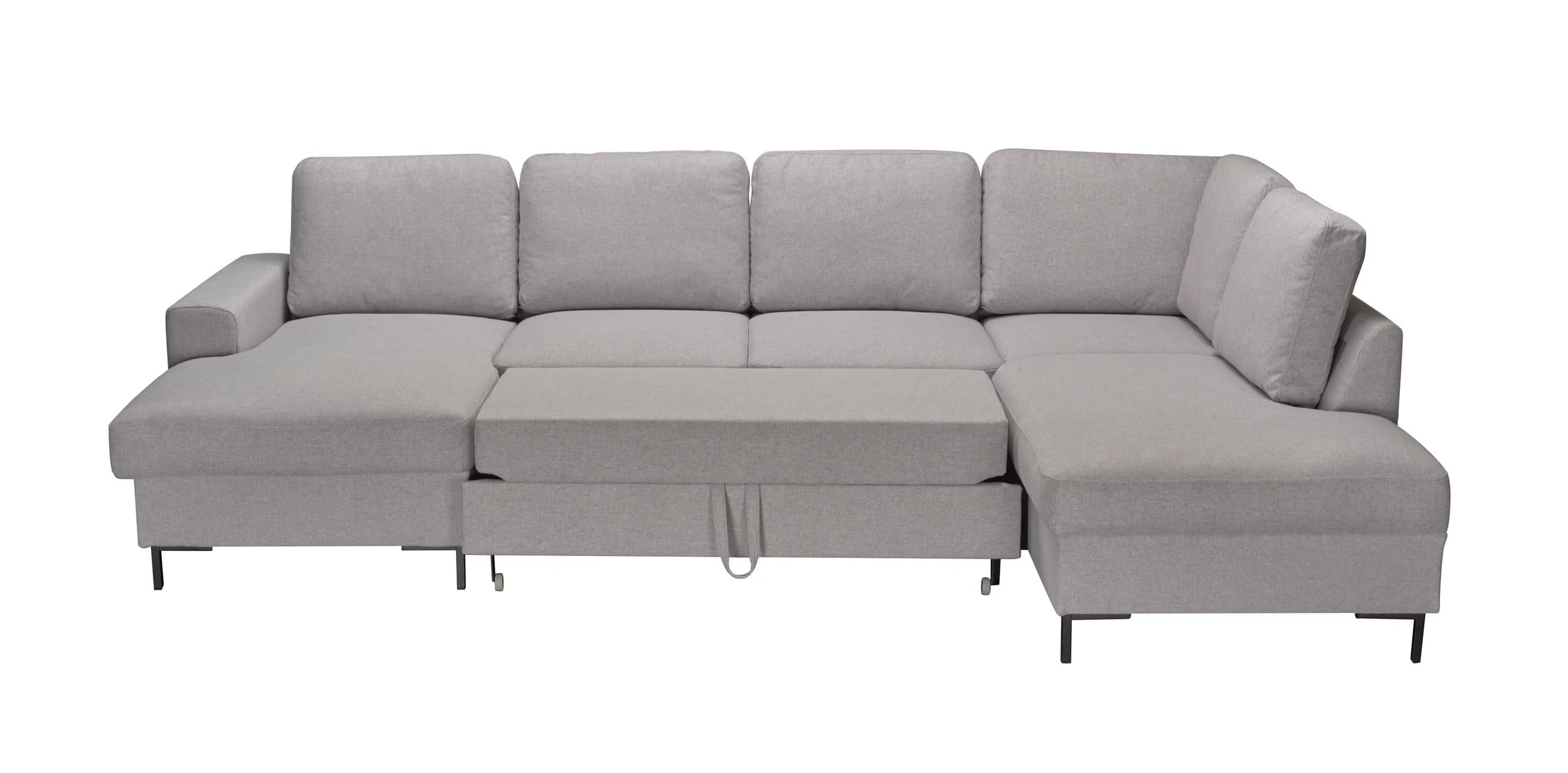 Wohnlandschaft - Longchair links mit 2-Sitzer und Ecke rechts, Schlaffunktion mit Bettkasten, Stoff, Hellgrau