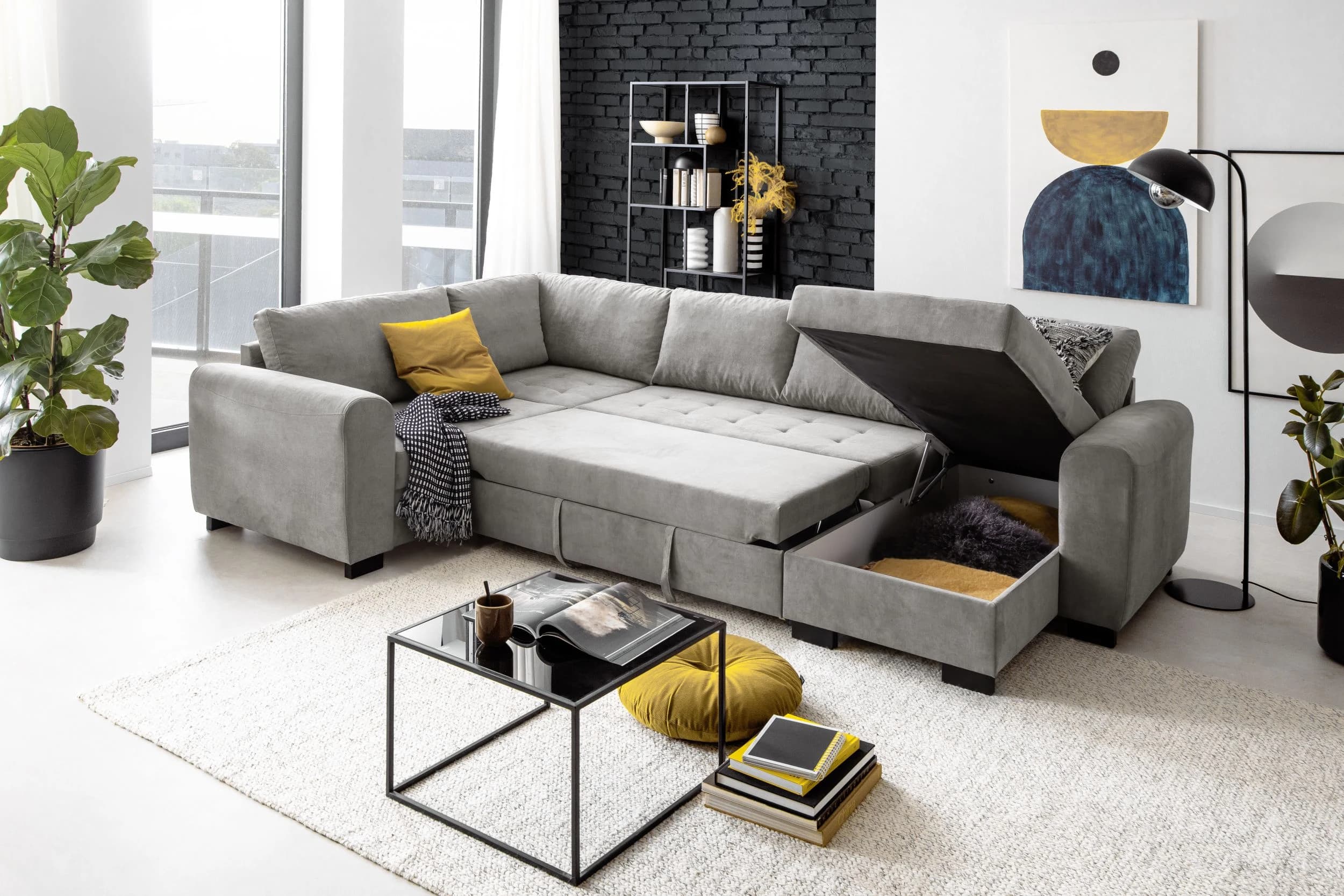 Wohnlandschaft - Ecke rechts, 2-Sitzer, Longchair links, Stoff, Grau