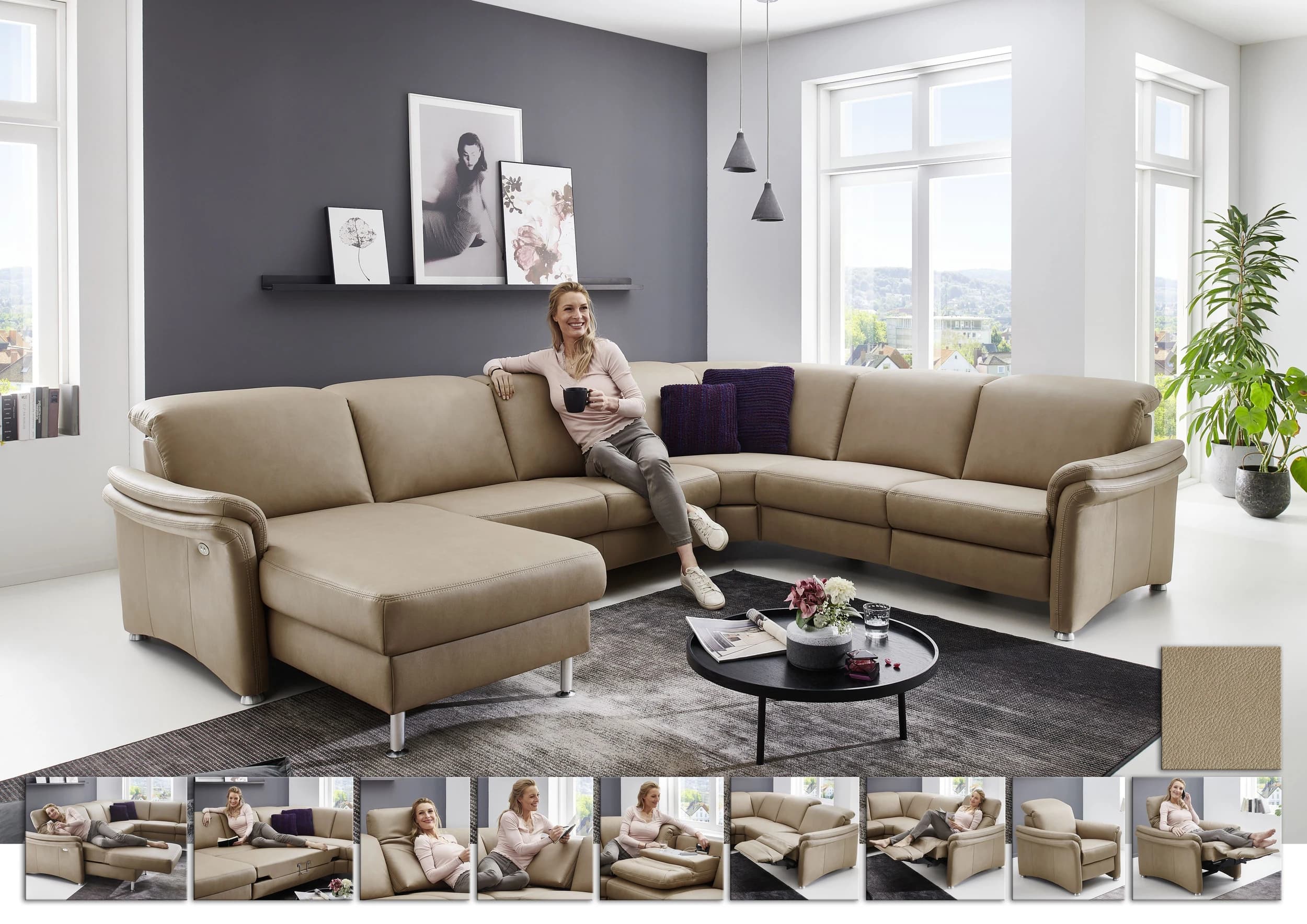 Wohnlandschaft - Longchair links mit 2,5-Sitzer und Ecke rechts, Stoff, Camel