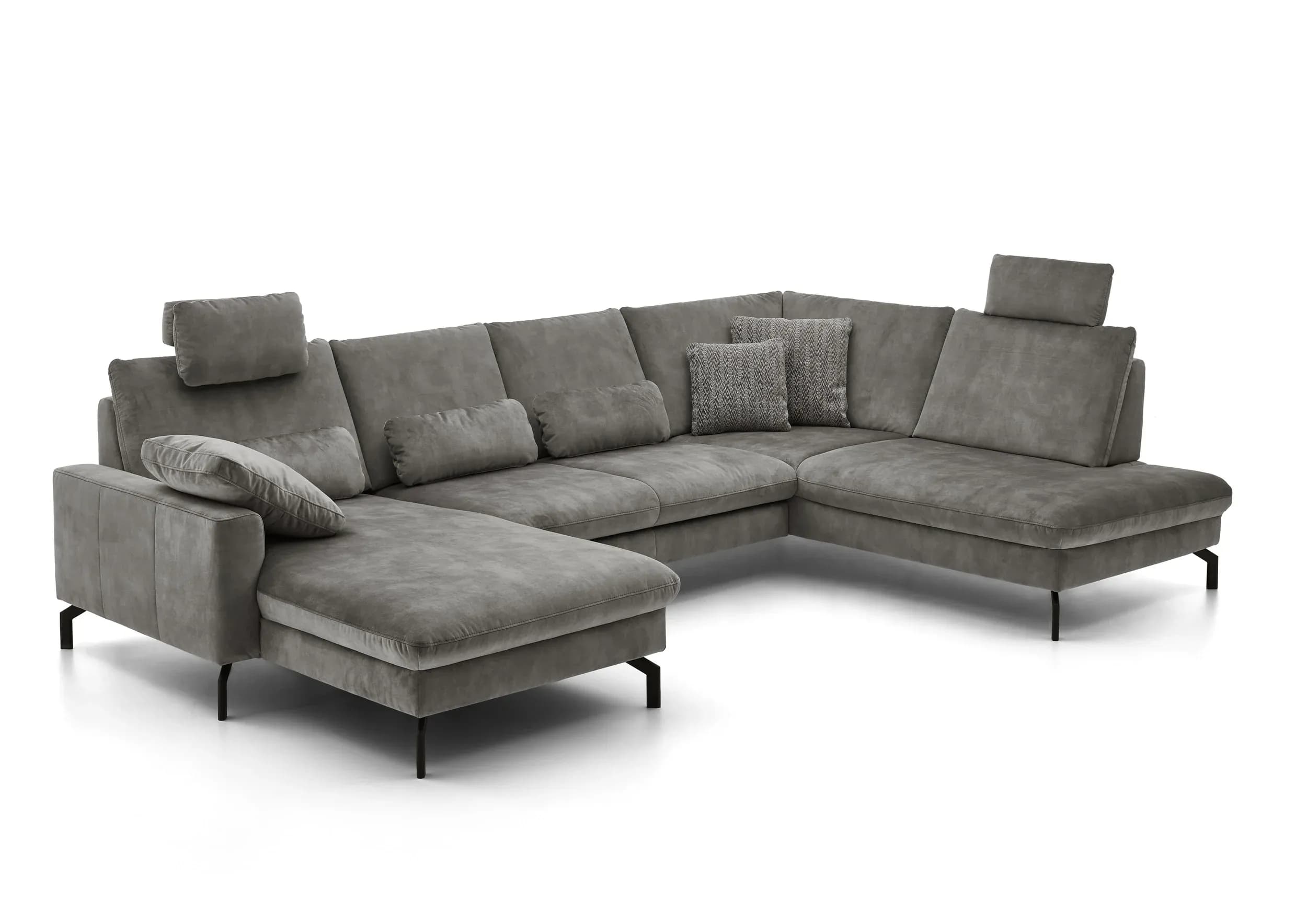 Wohnlandschaft - Longchair links, 2,5-Sitzer ohne Armlehne, Ecke rechts, Relaxfunktion (motorisch), Sitztiefe verstellbar (manuell), Sitzvorzug (manuell), Velourstoff, Silbergrau