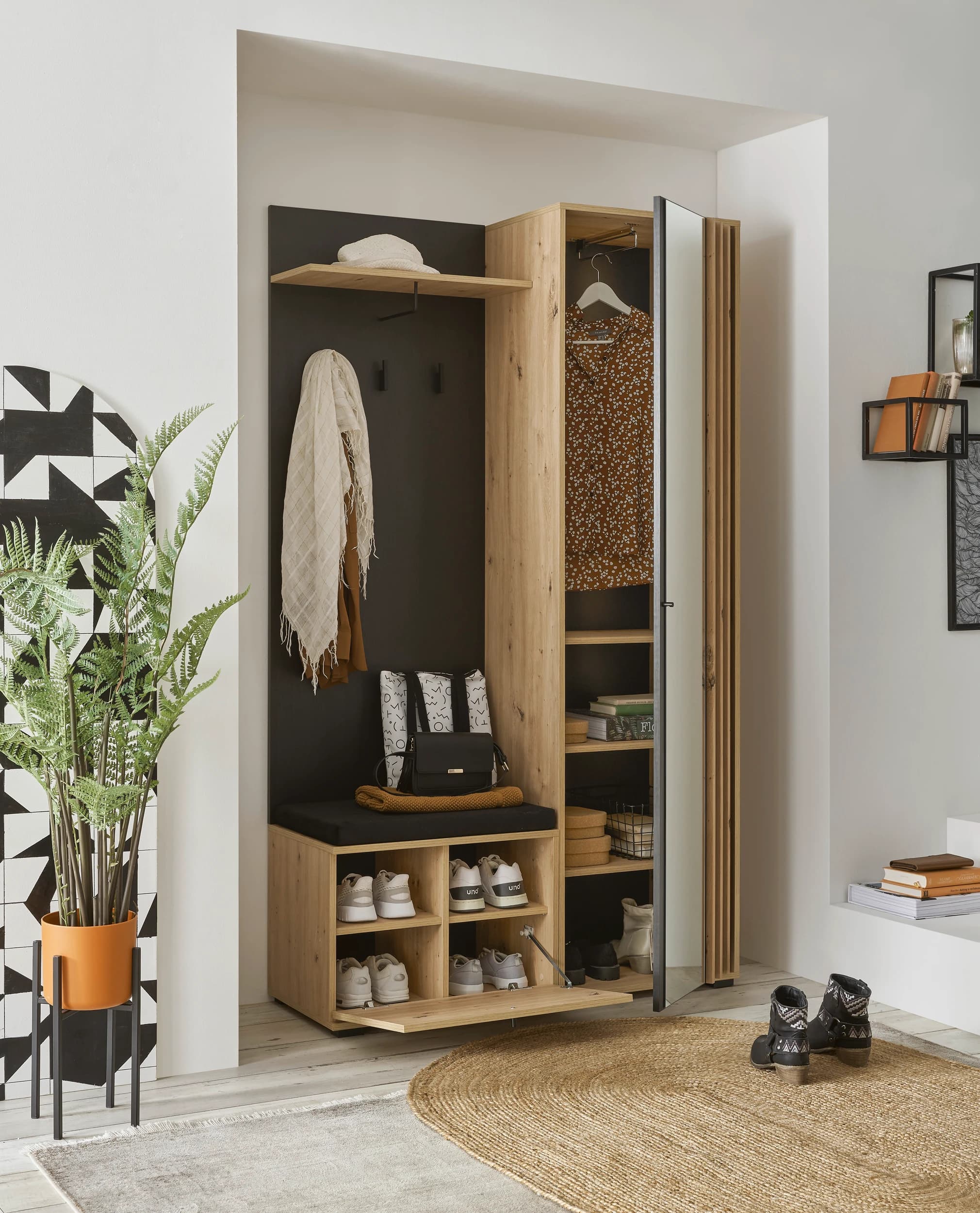 Kompaktgarderobe- Eiche Dekor, Schwarz