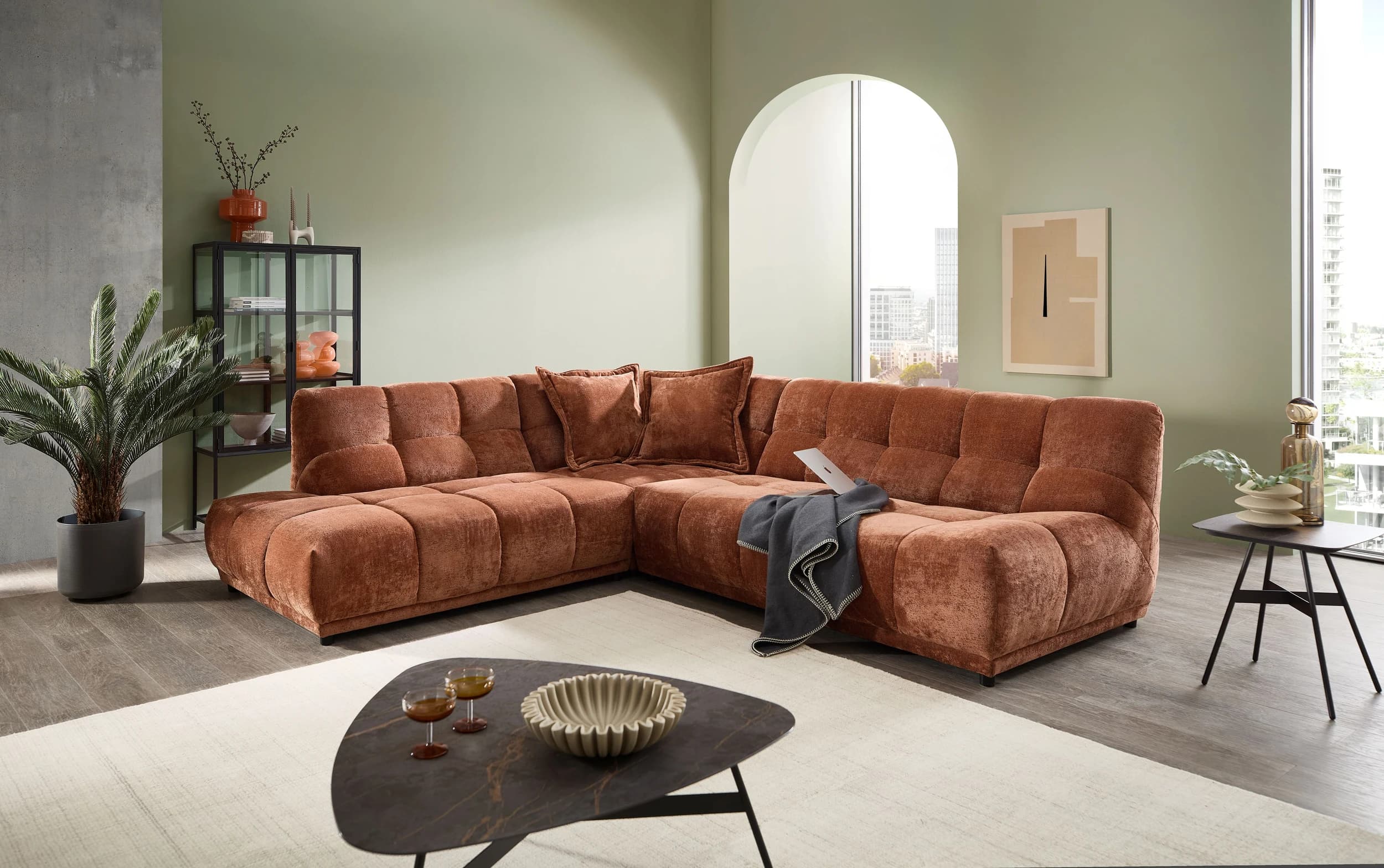Ecksofa - Ecke links mit 3-Sitzer, Stoff, Rost