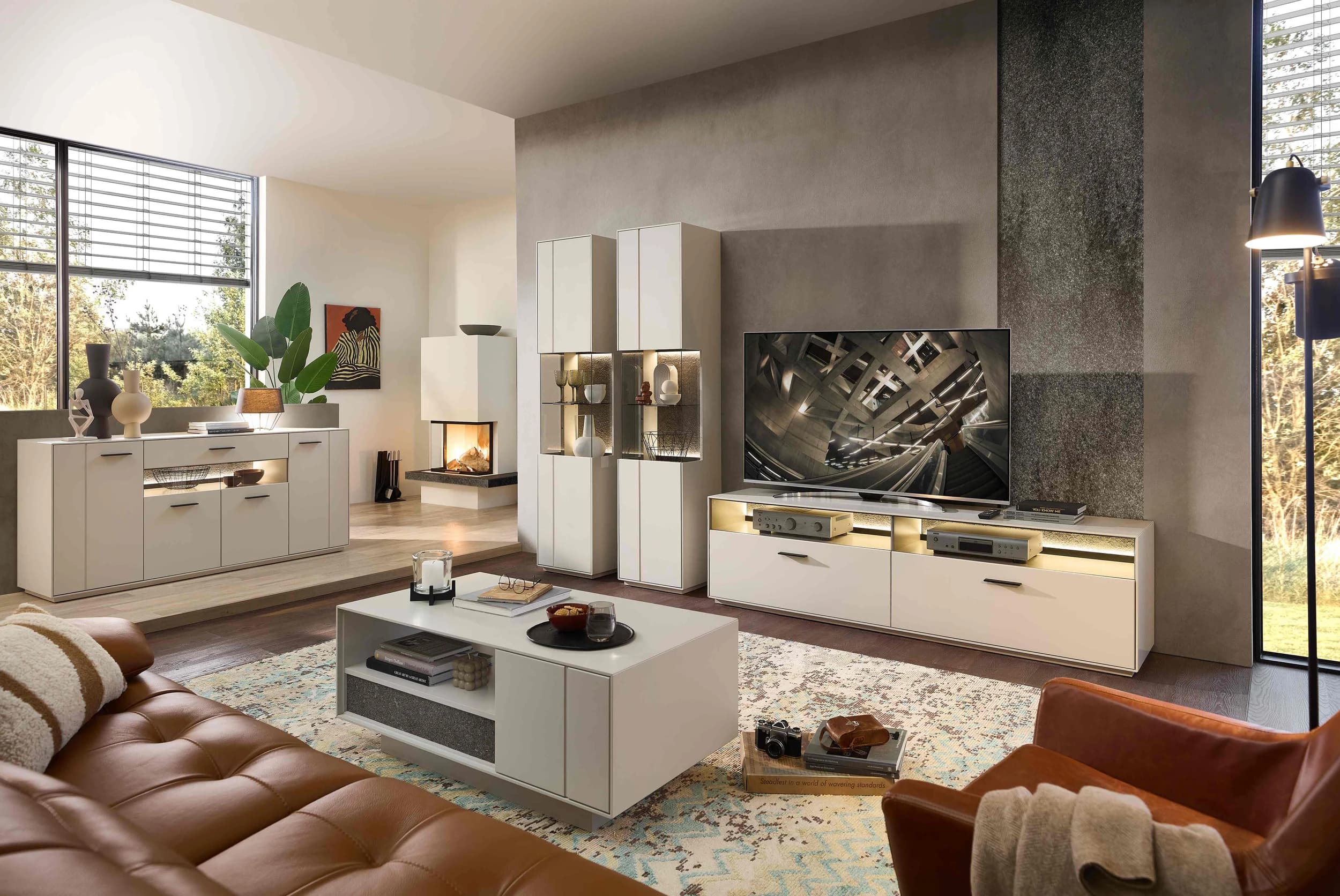 Sideboard -  mit Beleuchtung, Creme Lack, Absetzung: Granit Steinfurnier