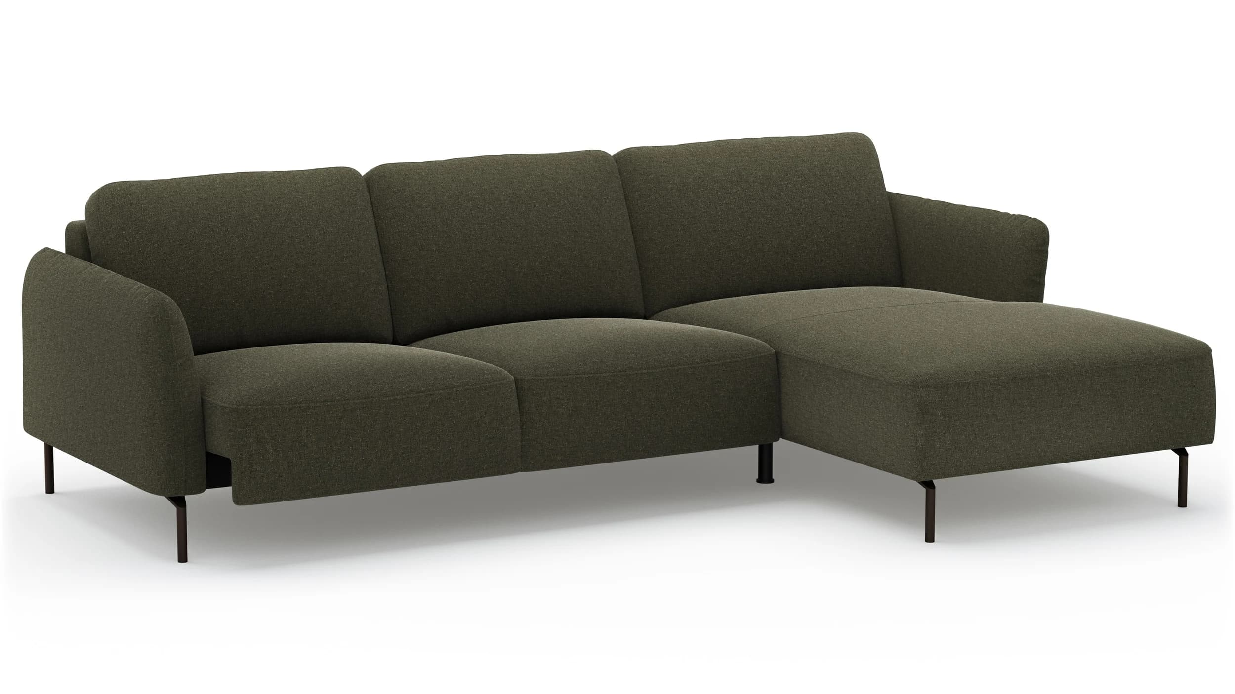 Ecksofa Leona - 3-Sitzer mit Longchair rechts inkl. Sitzvorzug motorisch, Stoff, Braungrün