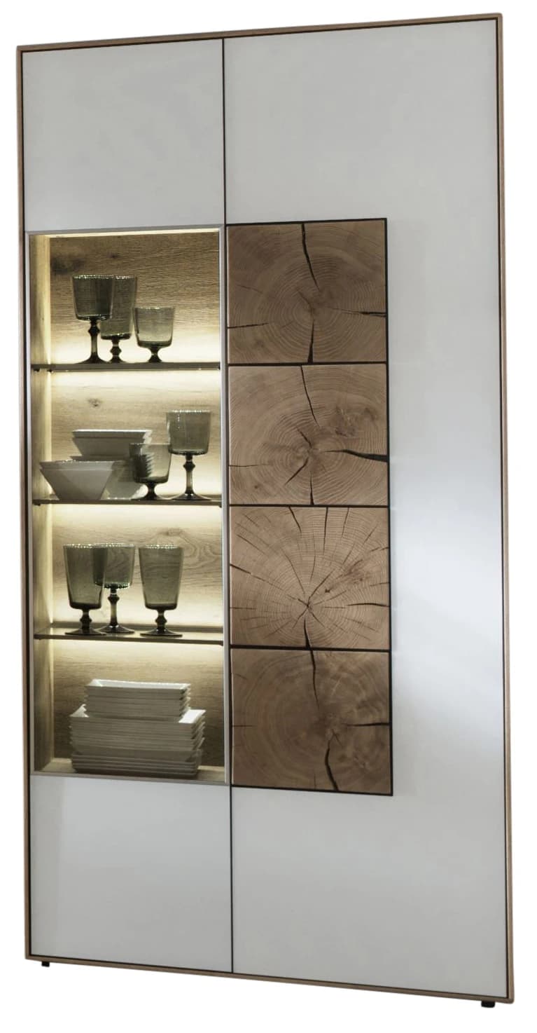 Vitrine - mit Beleuchtung, Kerneiche massiv, Mattglas, Weiß mit Hirnholzscheiben
