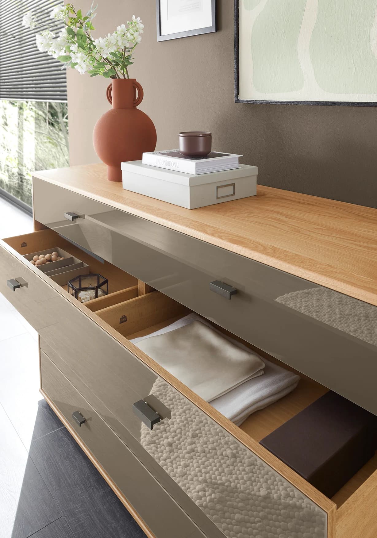 Kommode Lenoso - Eiche Nachbildung, Glas Graubraun
