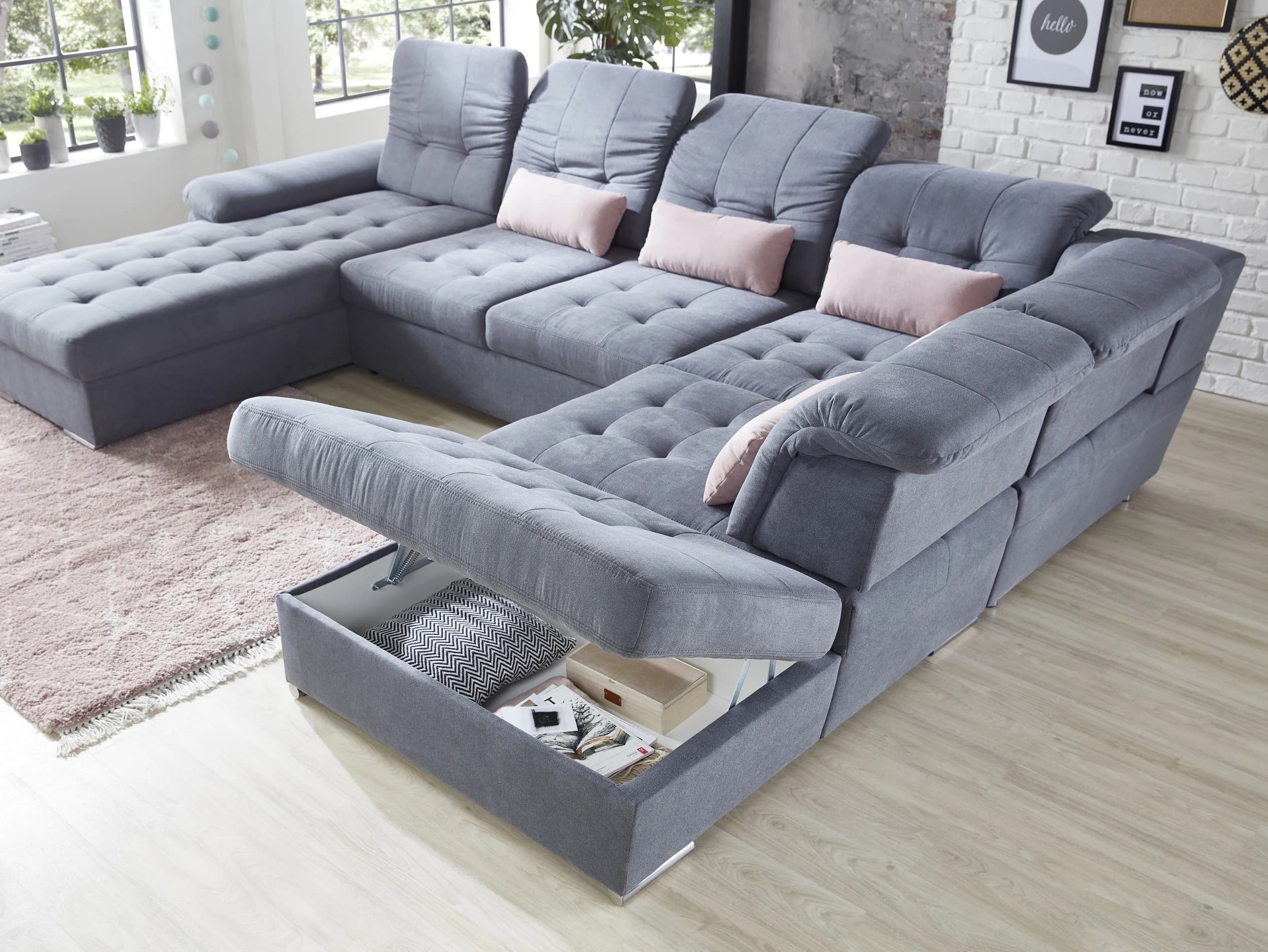 Wohnlandschaft - Longchair links, 3-Sitzer, Ecke rechts inkl. Schlaffunktion, Bettkasten, 