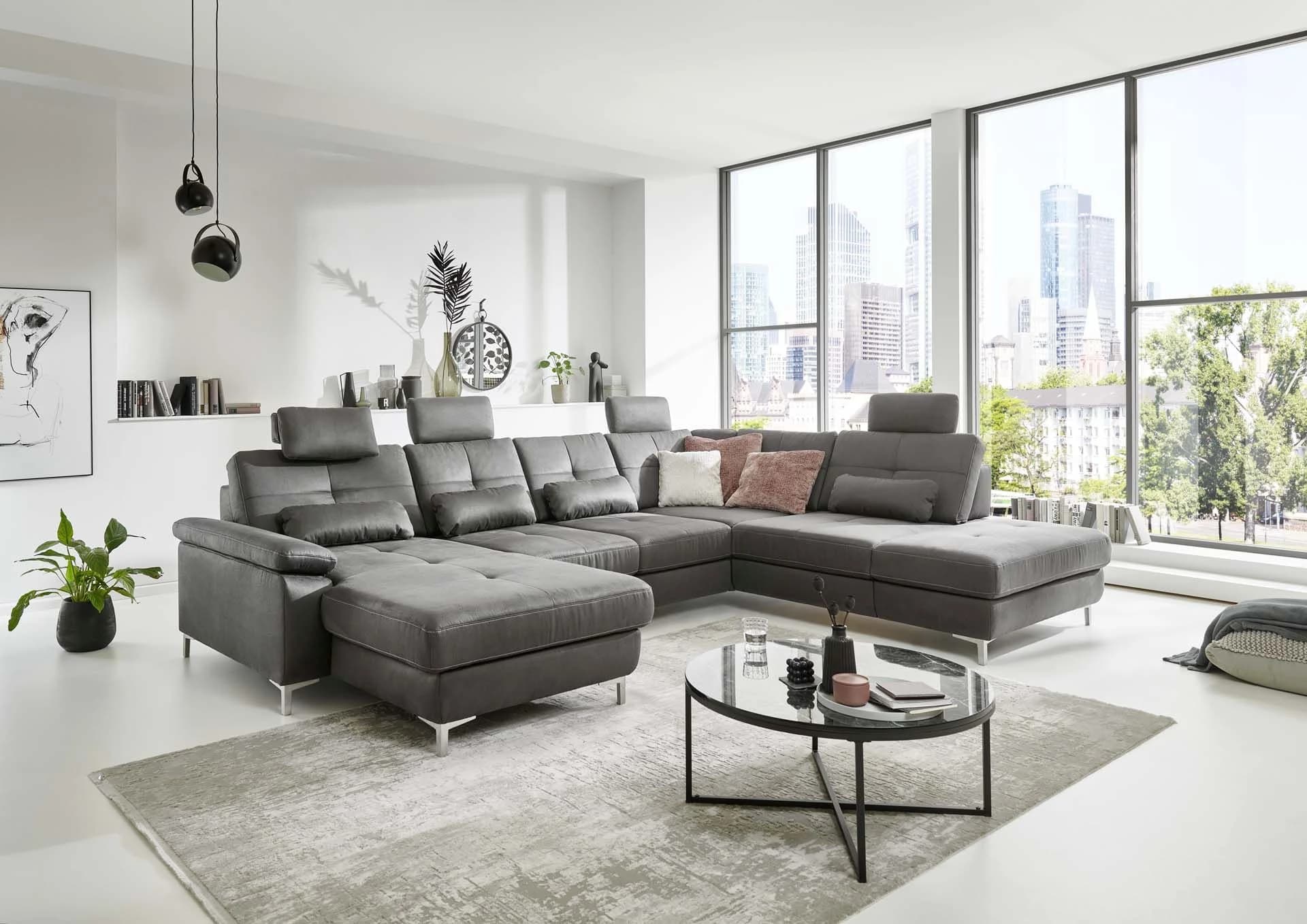 Wohnlandschaft - Longchair links mit 2,5-Sitzer und Ecke rechts, Sitztiefe verstellbar, Stoff, Eisengrau