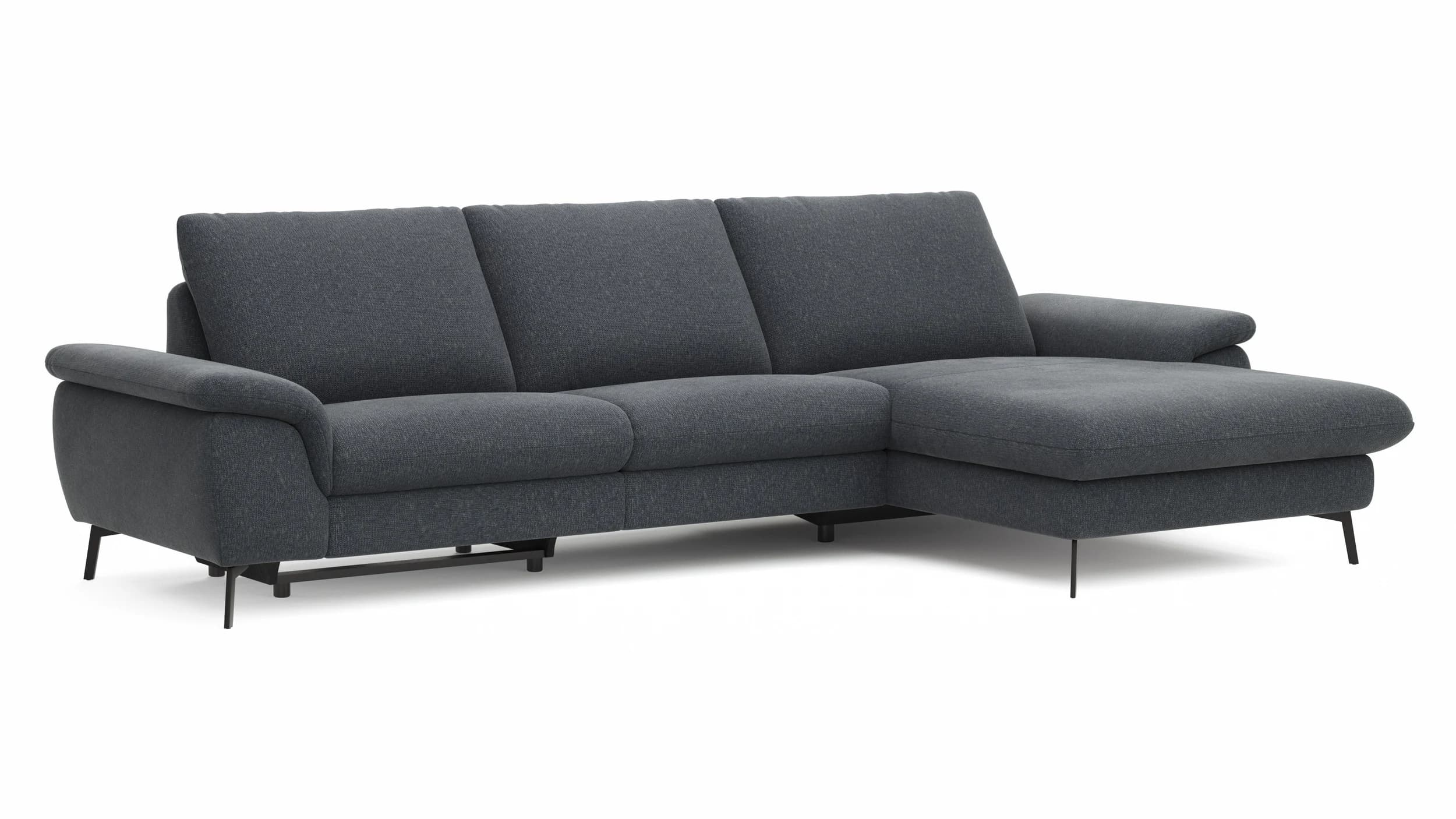 Ecksofa Gotera - 1,5-Sitzer med + 1,5-Sitzer med mit Longchair groß rechts inkl. Schlaffunktion (teilmotorisch), Armlehne klappbar, Rückenlehne verstellbar  und einmal Relaxfunktion (teilmotorisch), Stoff, Anthrazit