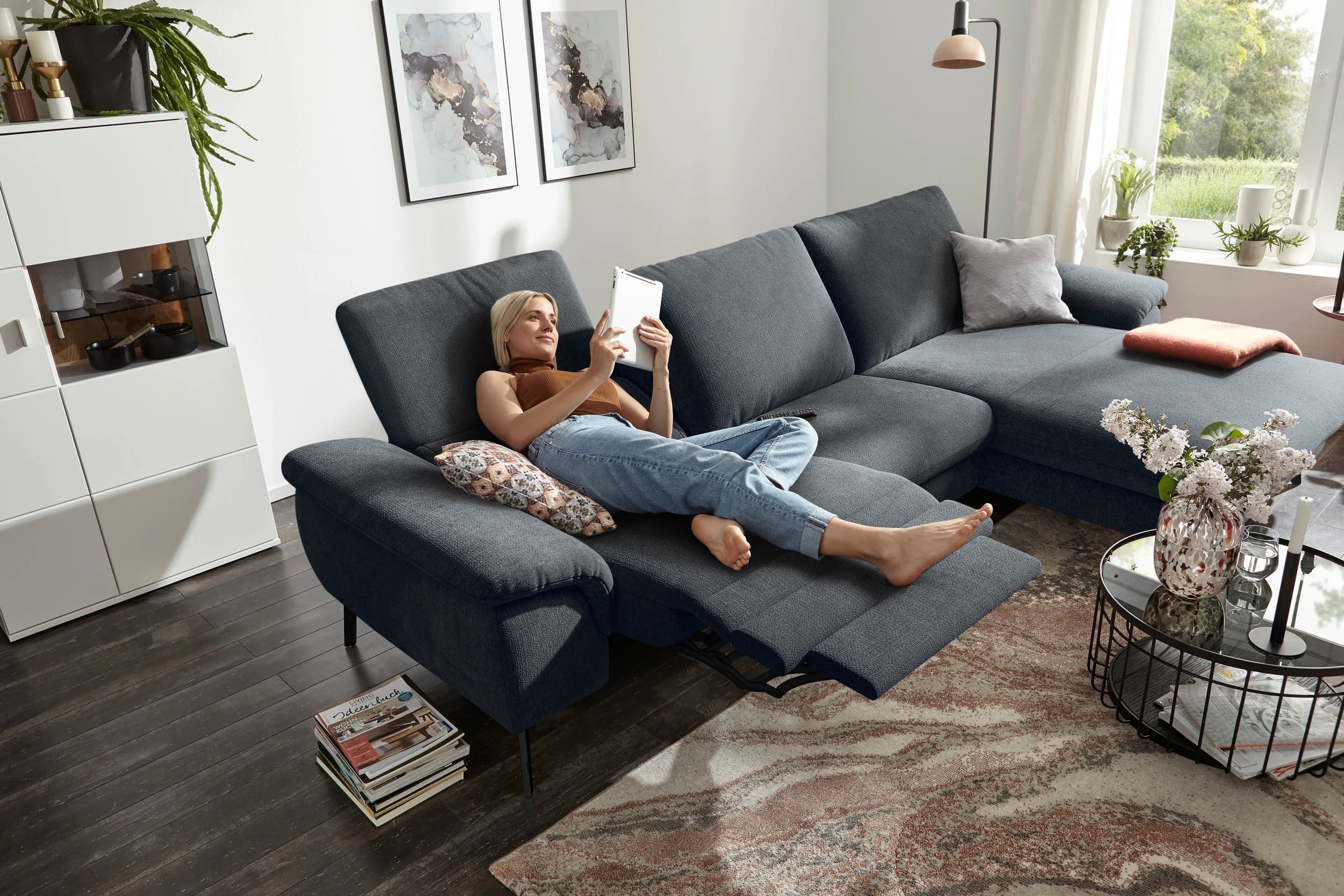 Ecksofa Gotera - 1,5-Sitzer med. + 1,5-Sitzer med. mit Longchair rechts inkl. Rückenlehne verstellbar, Stoff, Anthrazit