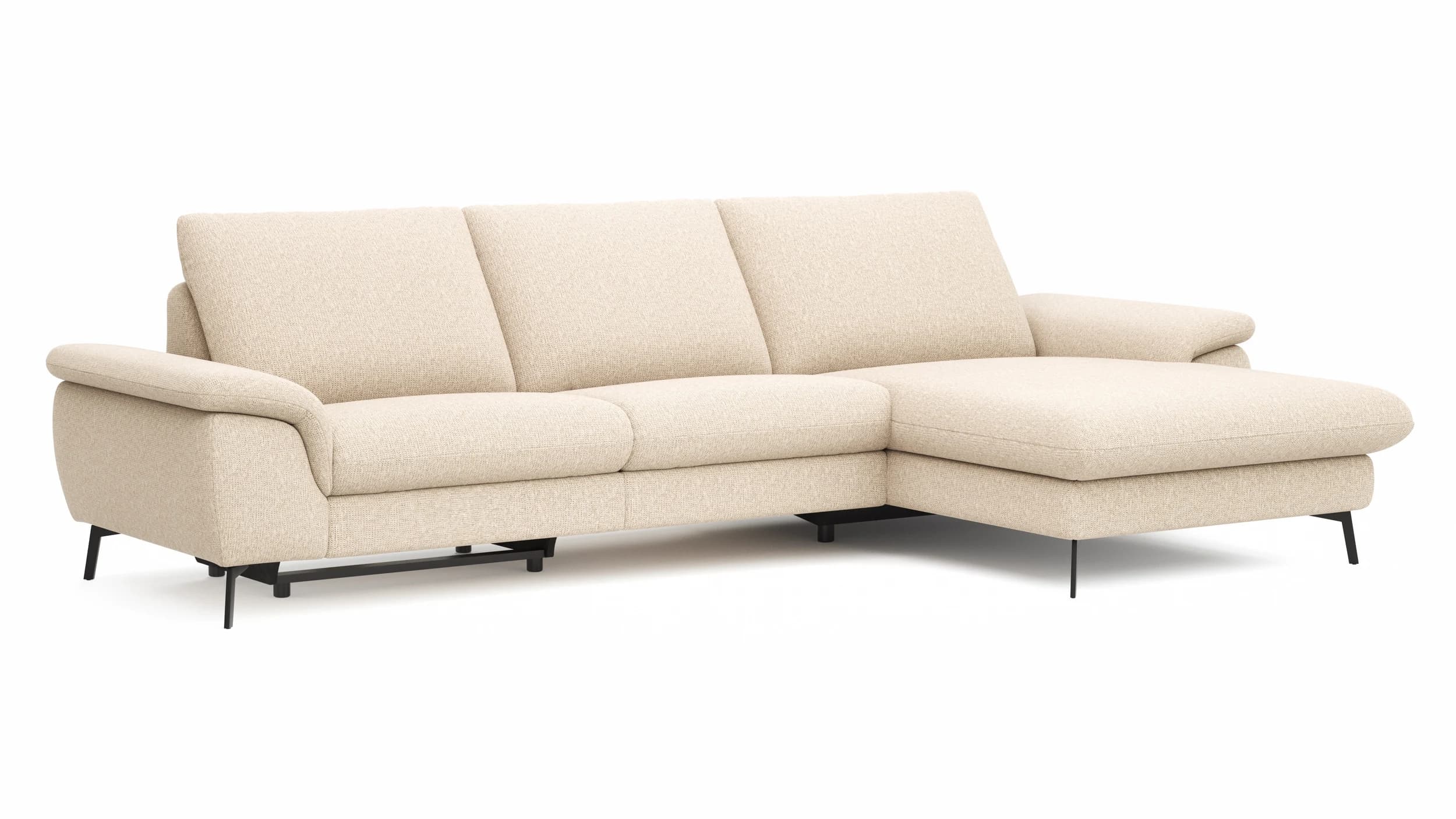 Ecksofa Gotera - 1,5-Sitzer med + 1,5-Sitzer med mit Longchair groß rechts inkl. Schlaffunktion (teilmotorisch), Armlehne klappbar, Rückenlehne verstellbar  und einmal Relaxfunktion (teilmotorisch), Stoff, Creme