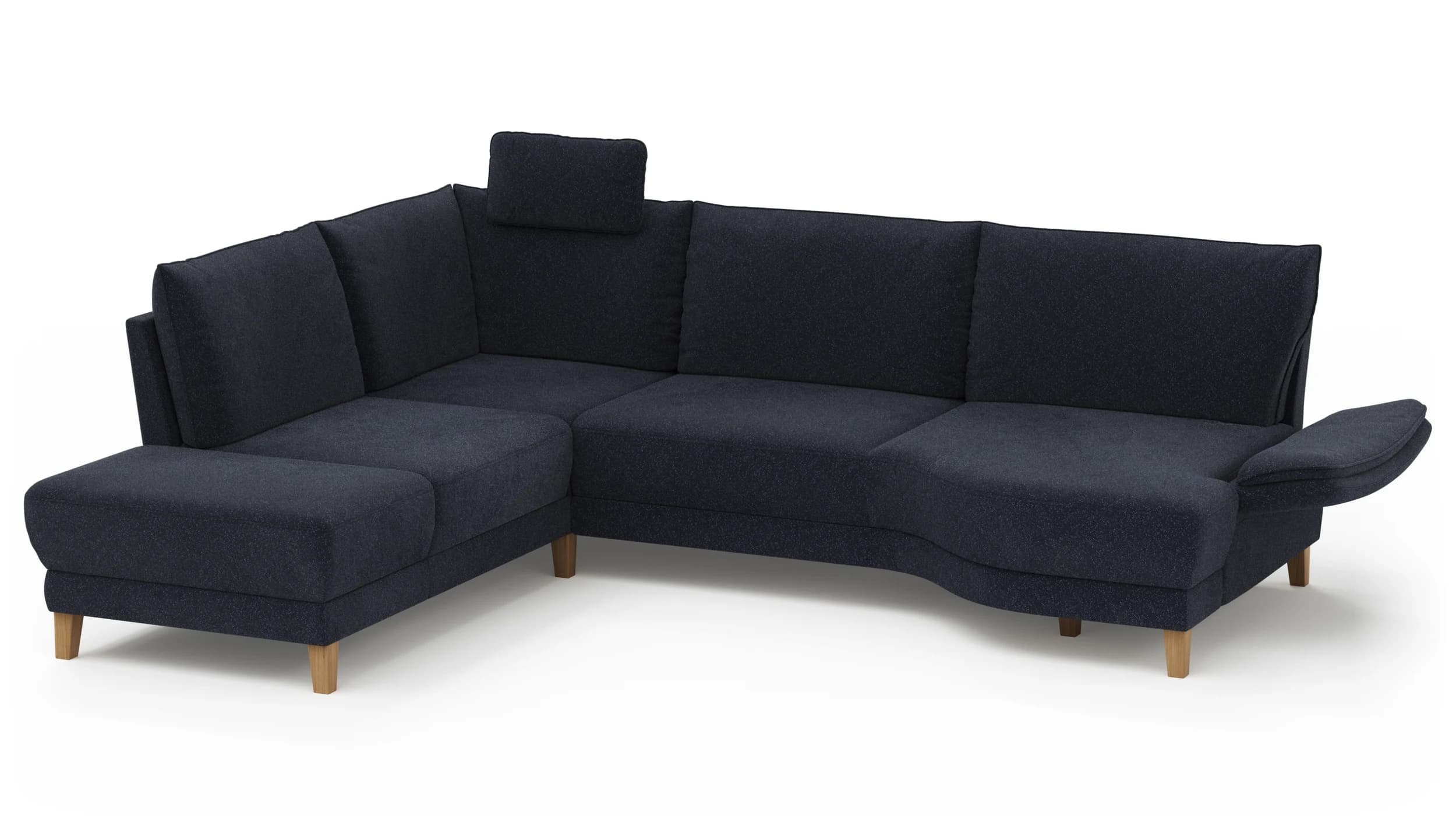 Sofa Stamford - inkl. Armlehne verstellbar und Kopfstütze, Ecksofa 2-sitzig und Abschlusshocker links mit 3,5-Sitzer, Bogen rechts, Stoff, Dunkelblau