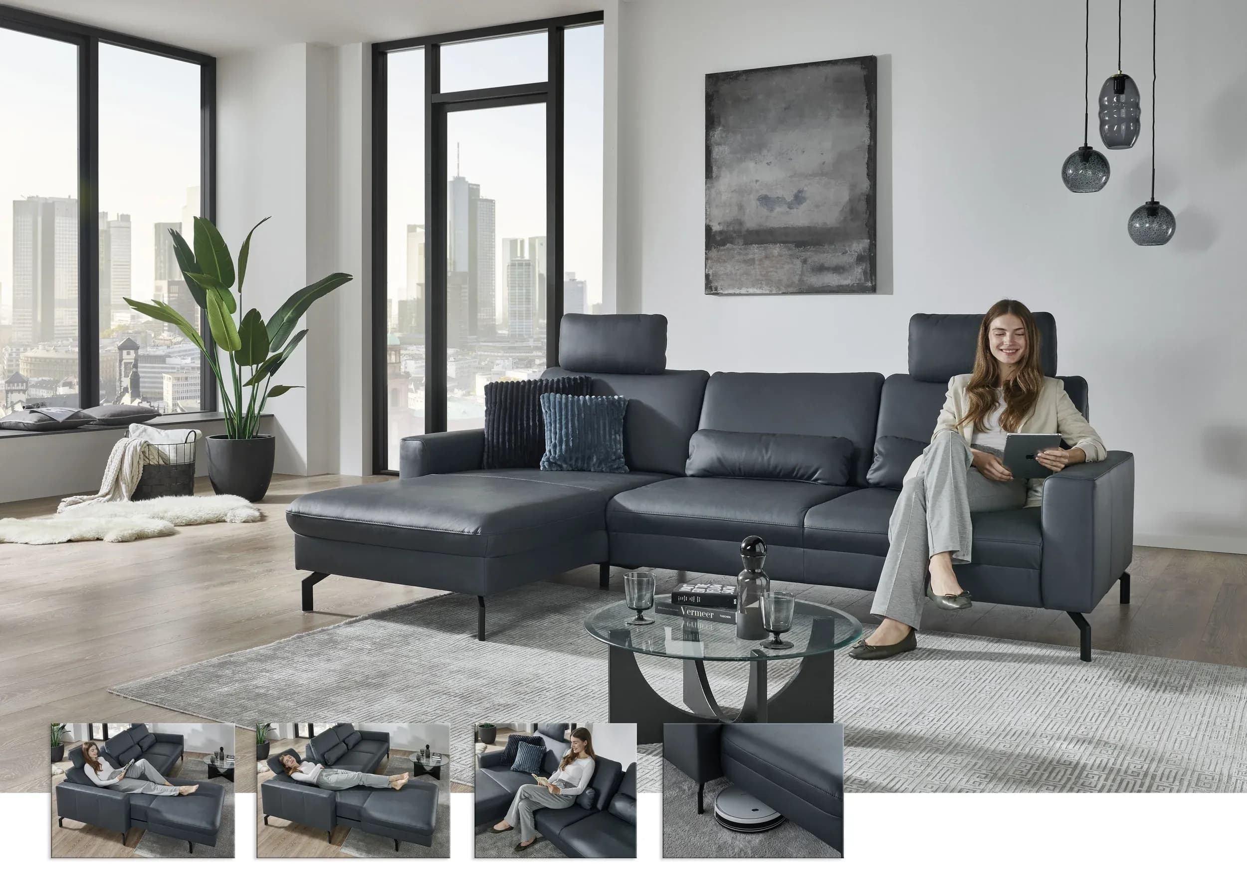Ecksofa - Longchair links mit 3-Sitzer, Leder, Blau