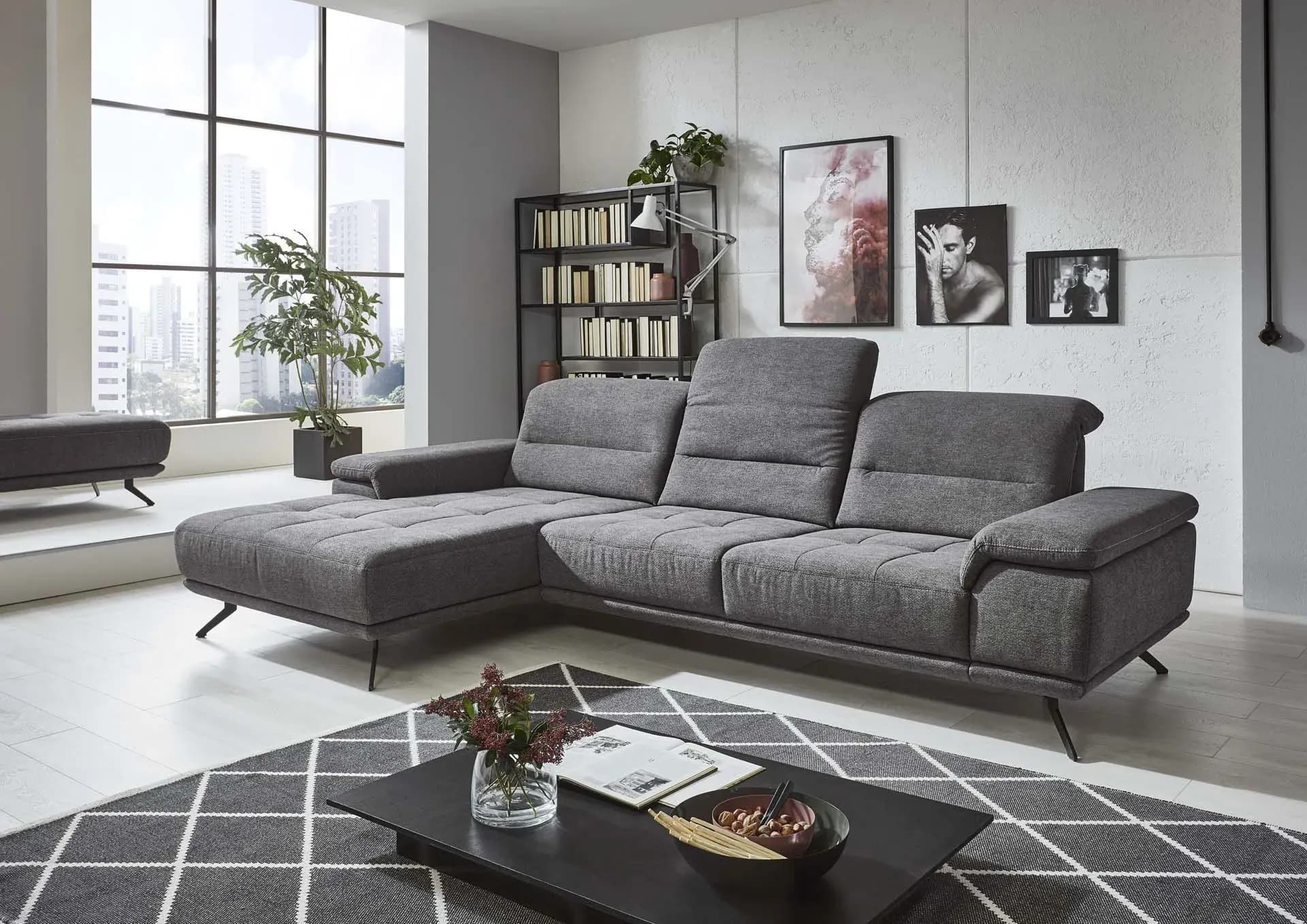 Sofa - Longchair links mit 3-Sitzer inkl. Kopfteil verstellbar, Stoff, Anthrazit