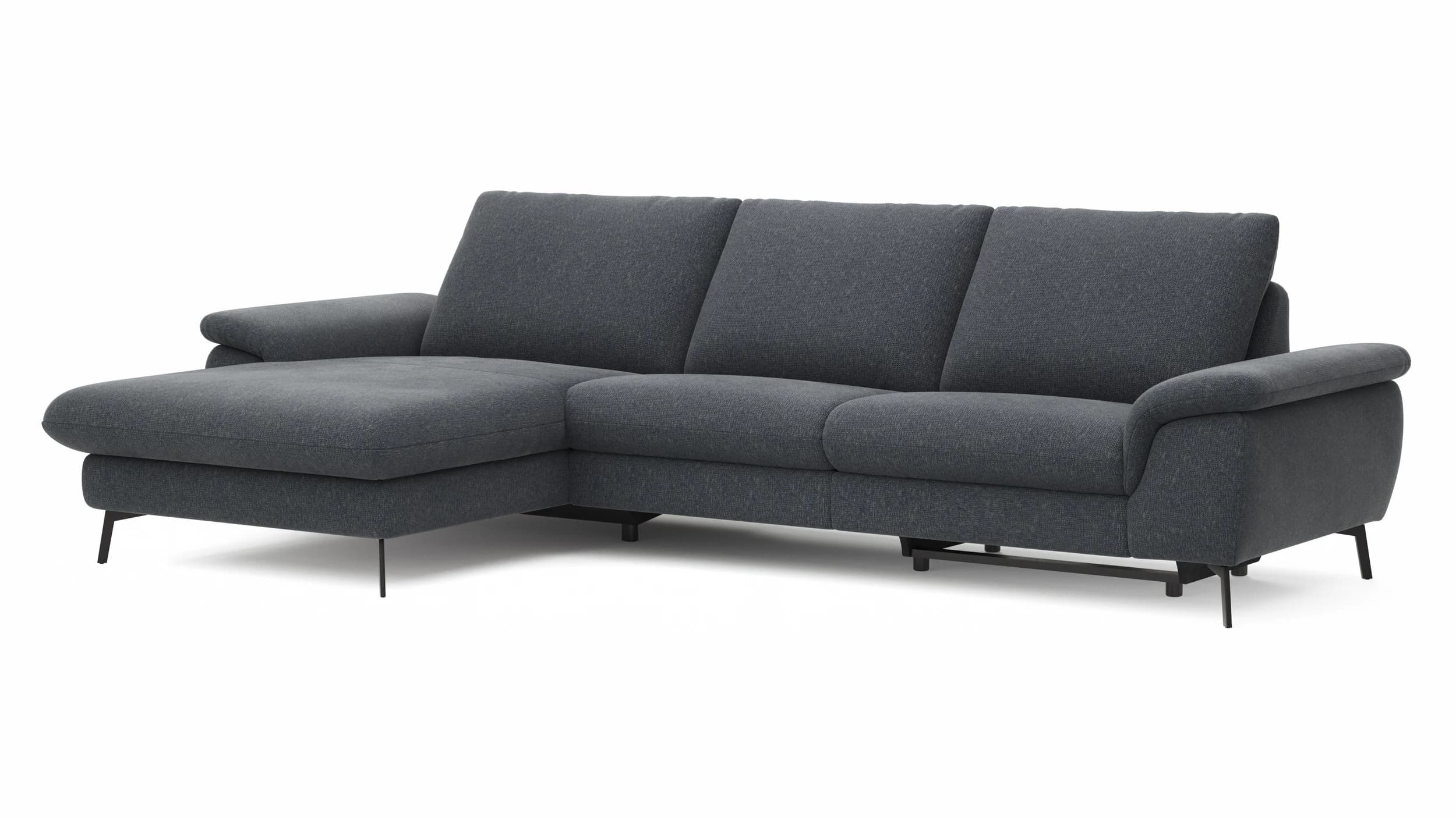 Ecksofa Gotera - Longchair groß mit 1,5-Sitzer med + 1,5-Sitzer med rechts inkl. Schlaffunktion (teilmotorisch), Armlehne klappbar, Rückenlehne verstellbar  und einmal Relaxfunktion (teilmotorisch), Stoff, Anthrazit