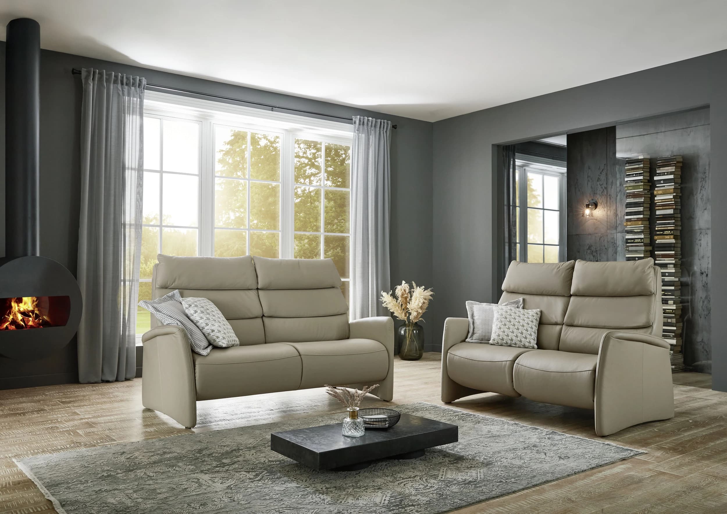 Sofa - 2,5-Sitzer, Kopfteil verstellbar, Leder, Perlmutt,