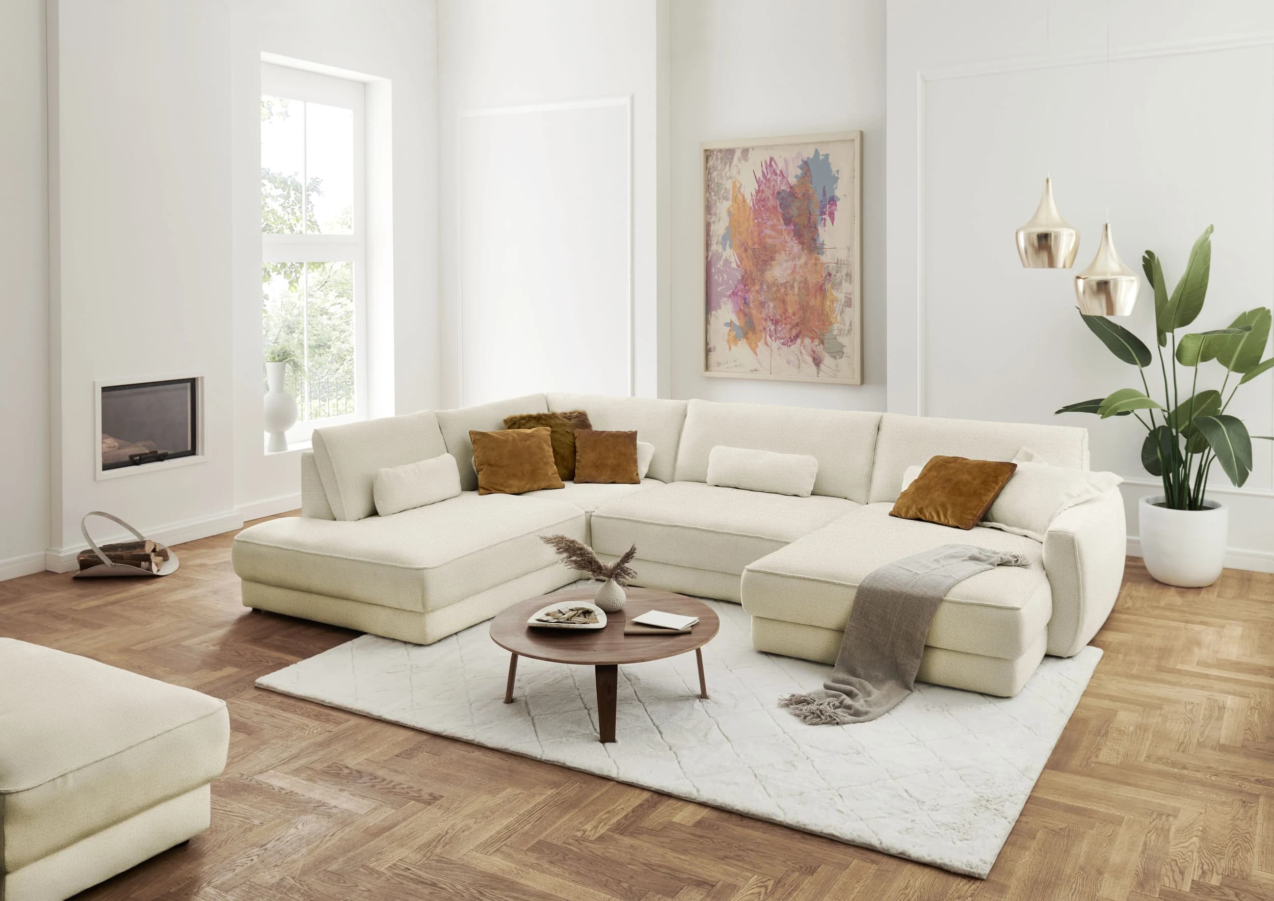 Wohnlandschaft - Ecke links mit Sofa 2-Sitzer und Longchair rechts, Stoff, Natur