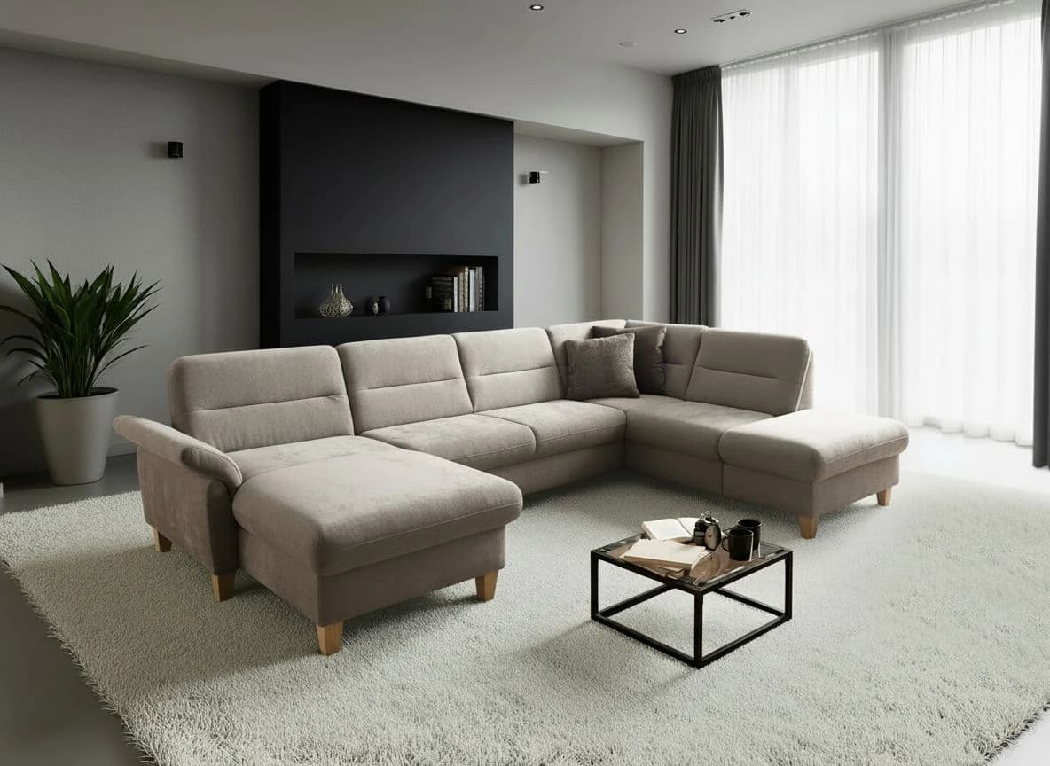 Wohnlandschaft - Longchair links mit 2,5-Sitzer und Ecke rechts, Stoff, Taupe
