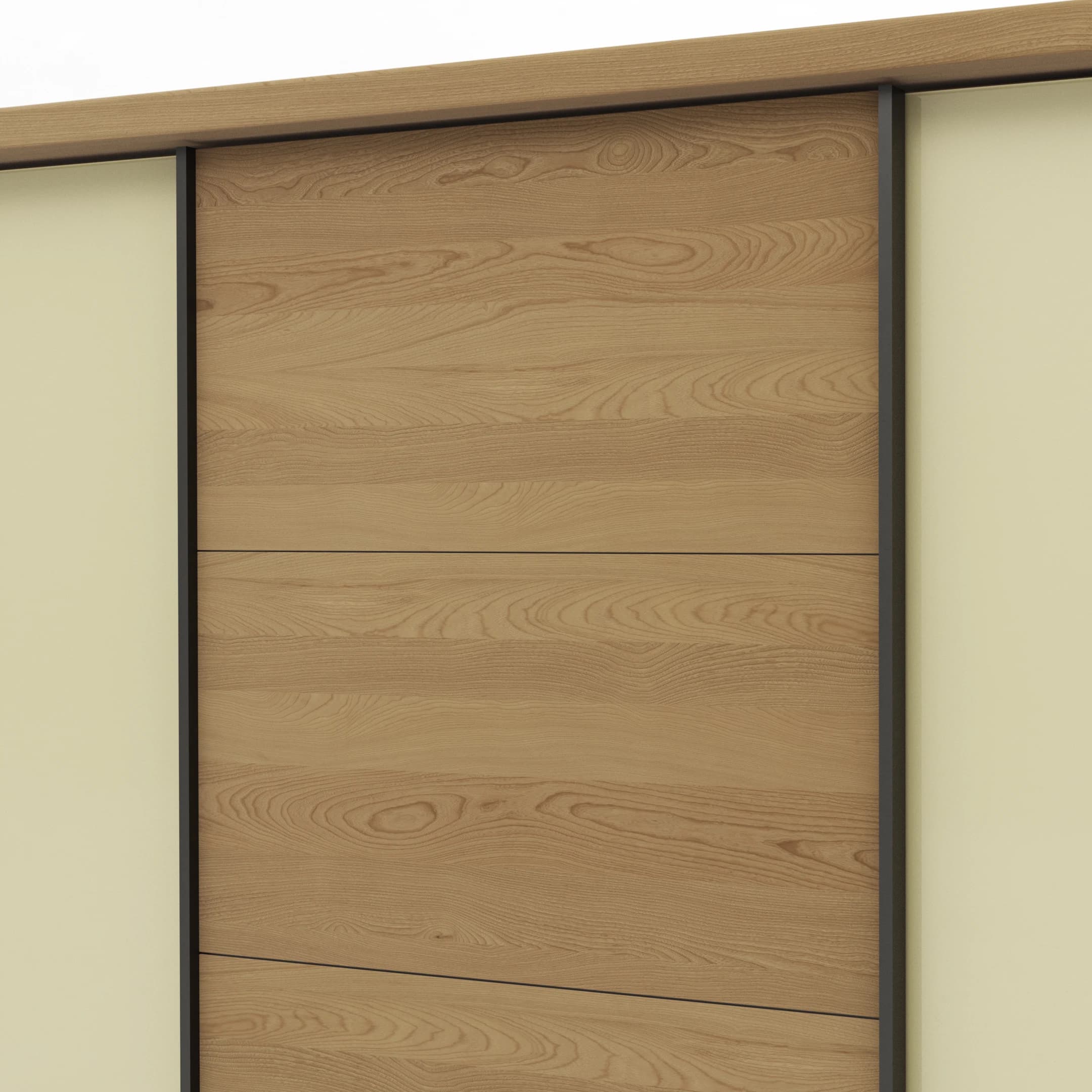 Schwebetürenschrank Lenoso -  B. ca. 260 cm, Eiche massiv, Glas, Champagner