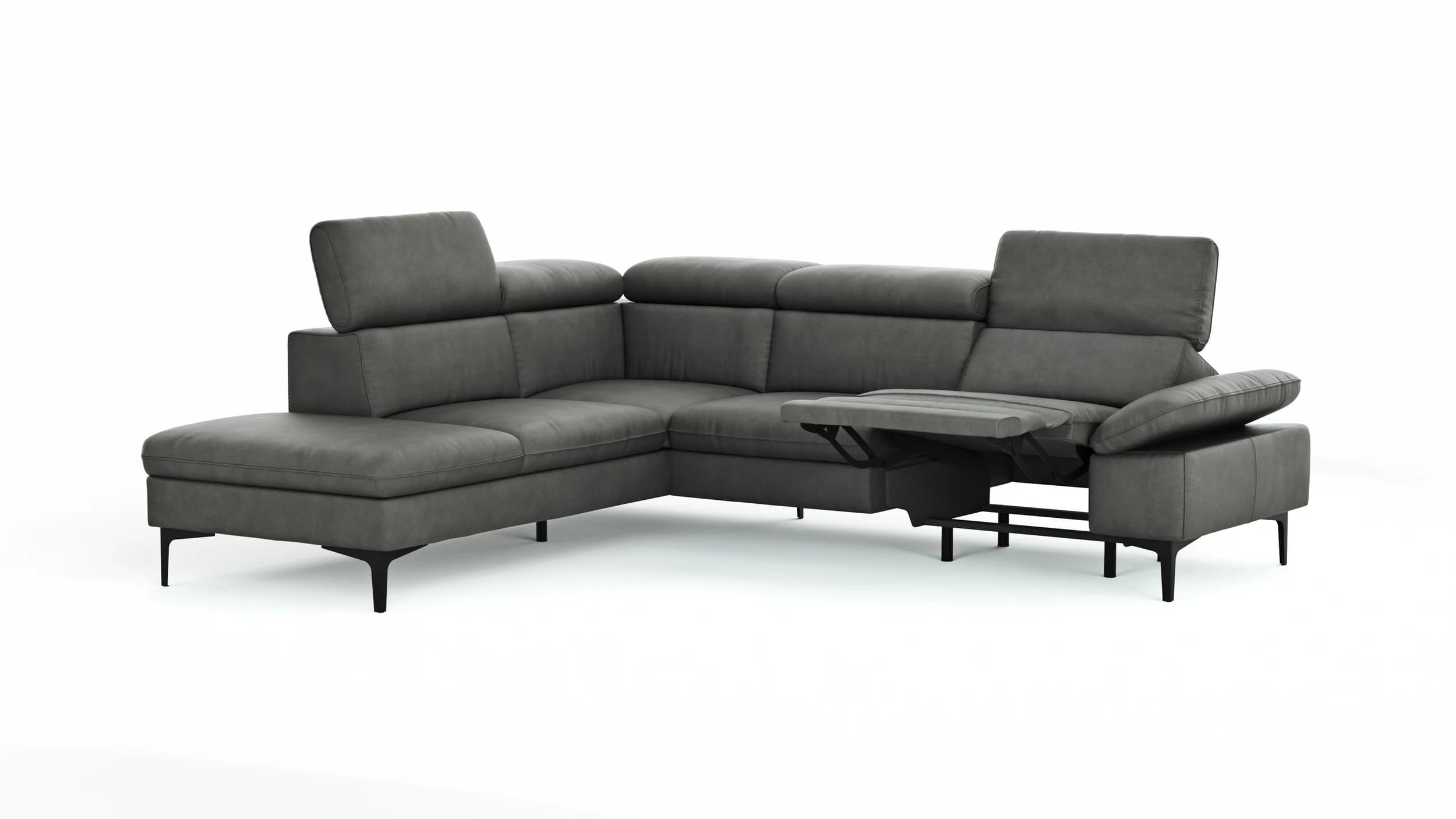 Ecksofa Felipa - Ecke links mit 2,5-Sitzer inkl. Armlehne verstellbar und Rückenlehne/Sitztiefe verstellbar (motorisch), Leder, Grau