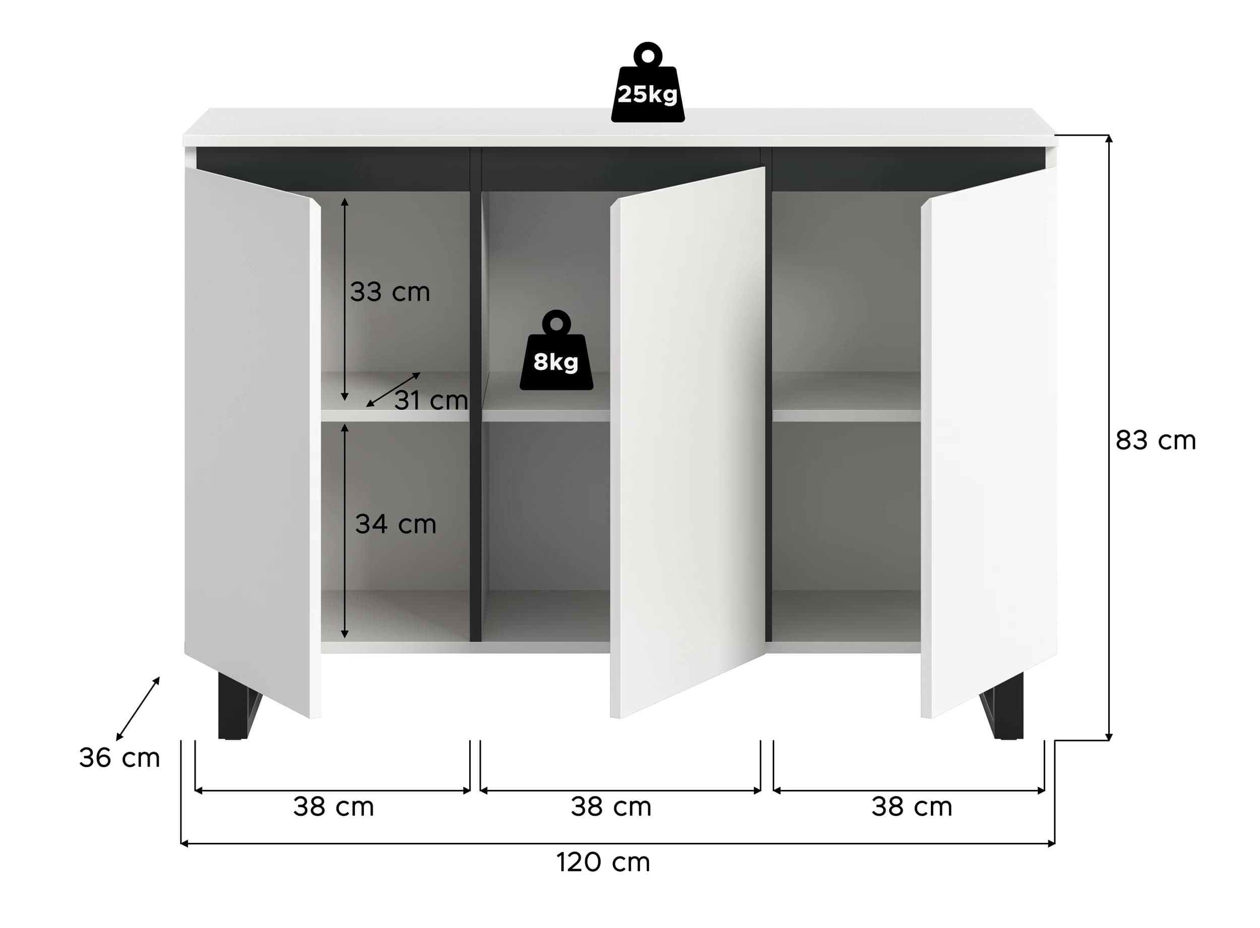Sideboard - B ca. 120 cm, Weiß, Schwarz