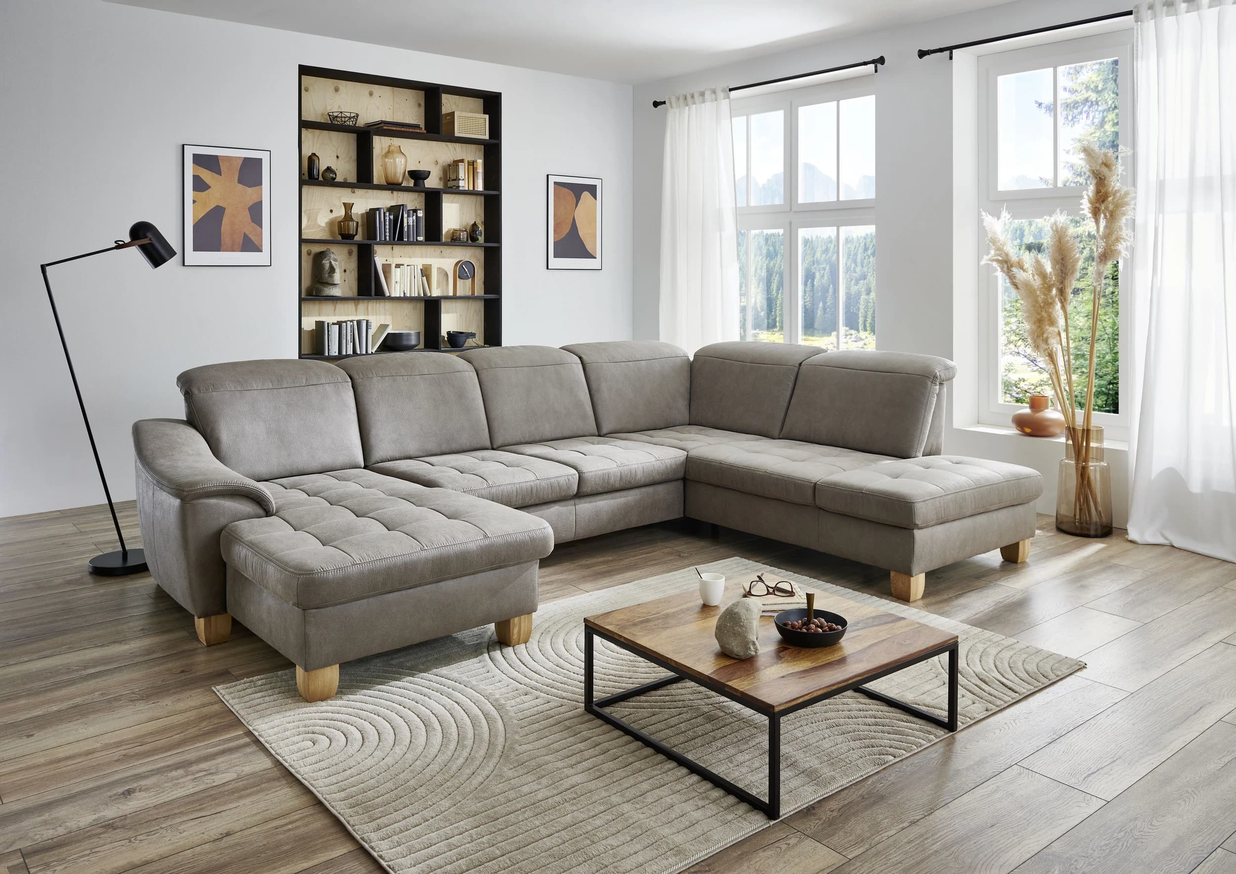 Wohnlandschaft - Longchair links mit 2,5-Sitzer und Ecke rechts, Kopfteil verstellbar, Stoff, Platin