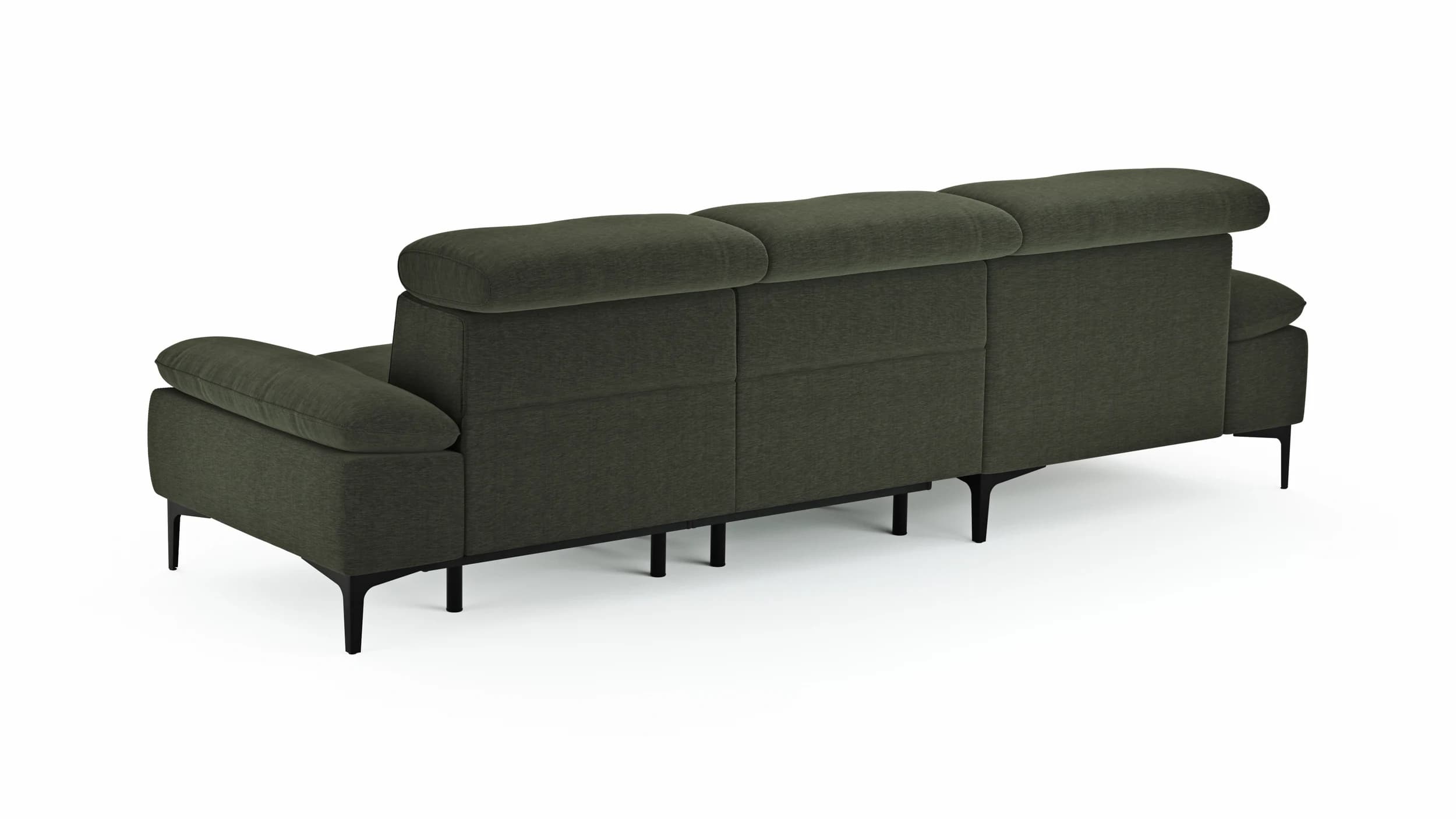 Ecksofa Felipa - Longchair links mit 2,5-Sitzer inkl. Armlehne verstellbar und Rückenlehne/Sitztiefe verstellbar (motorisch), Stoff, Dunkelgrün