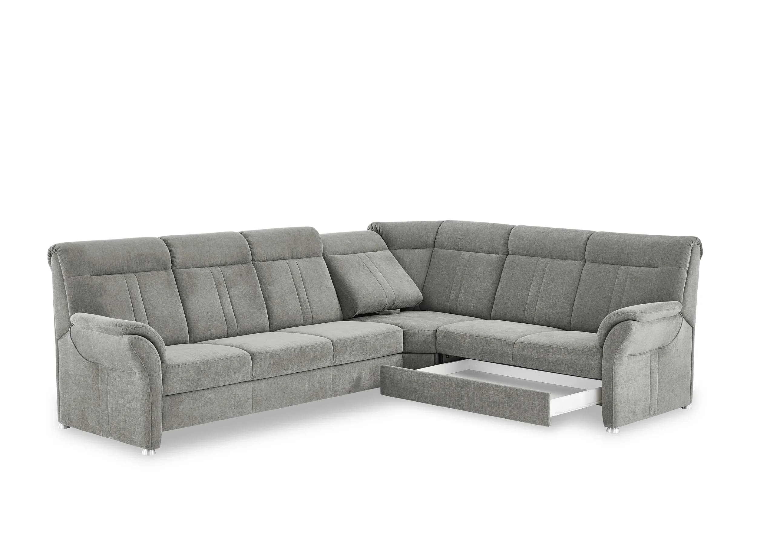Ecksofa - 3-Sitzer mit Ecke rechts, Schlaffunktion mit Bettkasten, Stoff, Grau