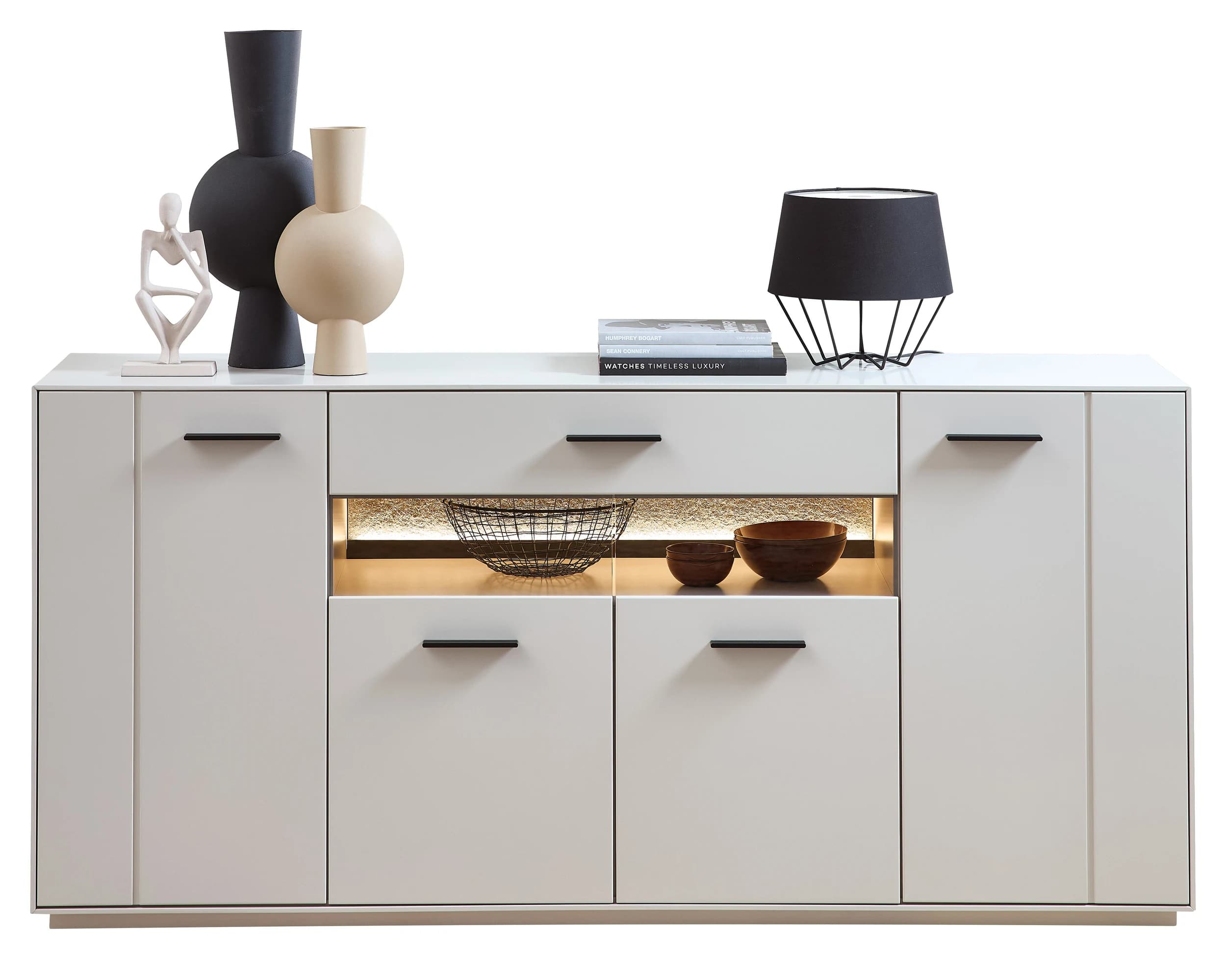 Sideboard - mit Beleuchtung, Creme Lack, Absetzung: Granit Steinfurnier