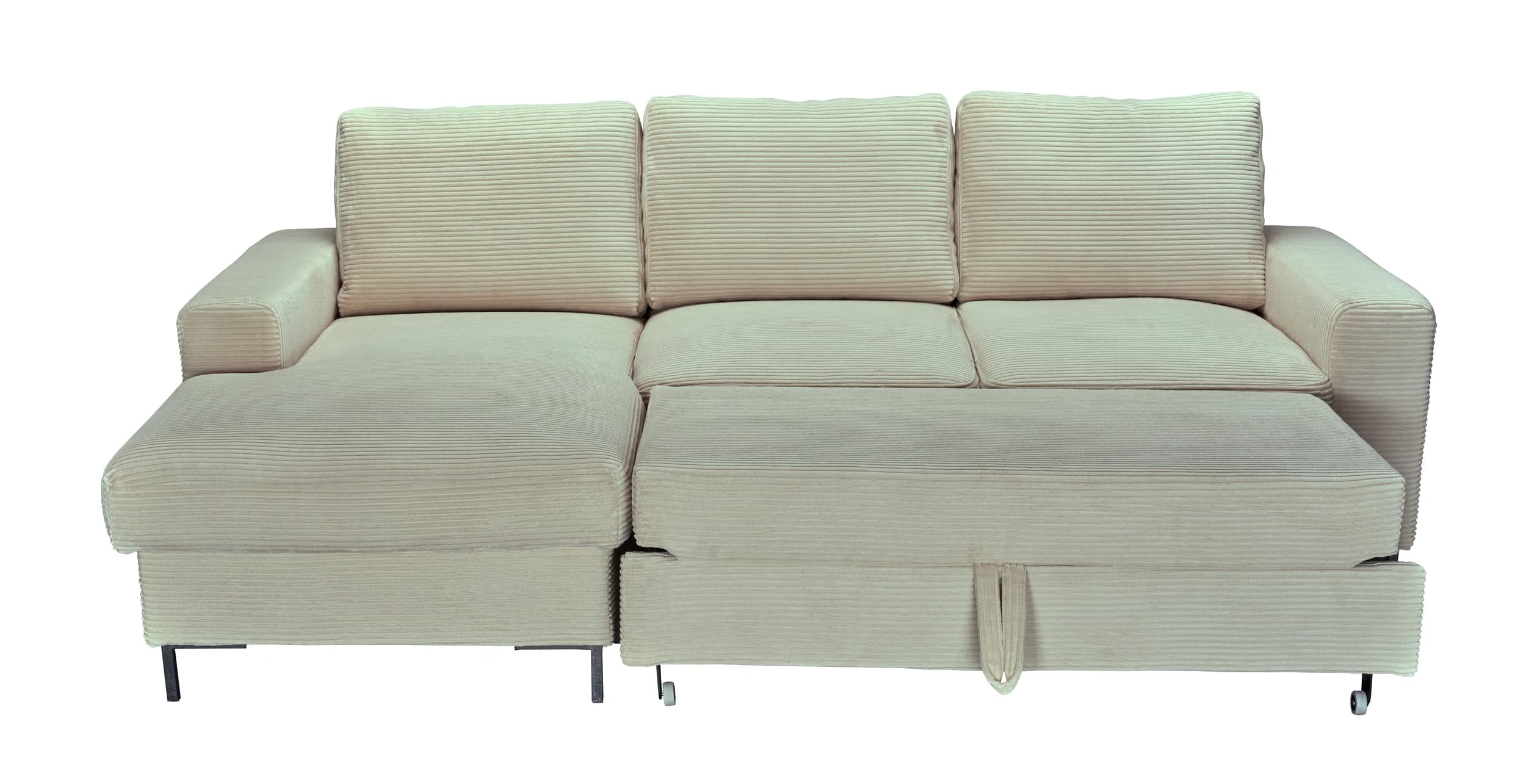 Ecksofa - Longchair links mit 2-Sitzer, Schlaffunktion mit Bettkasten, Stoff, Creme