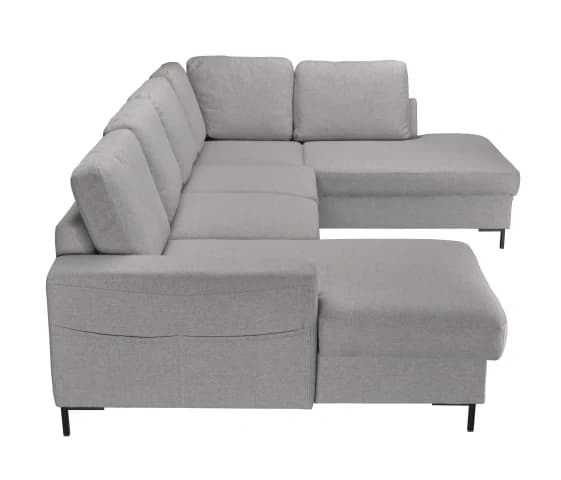 Wohnlandschaft - Longchair links mit 2-Sitzer und Ecke rechts, Schlaffunktion mit Bettkasten, Stoff, Hellgrau