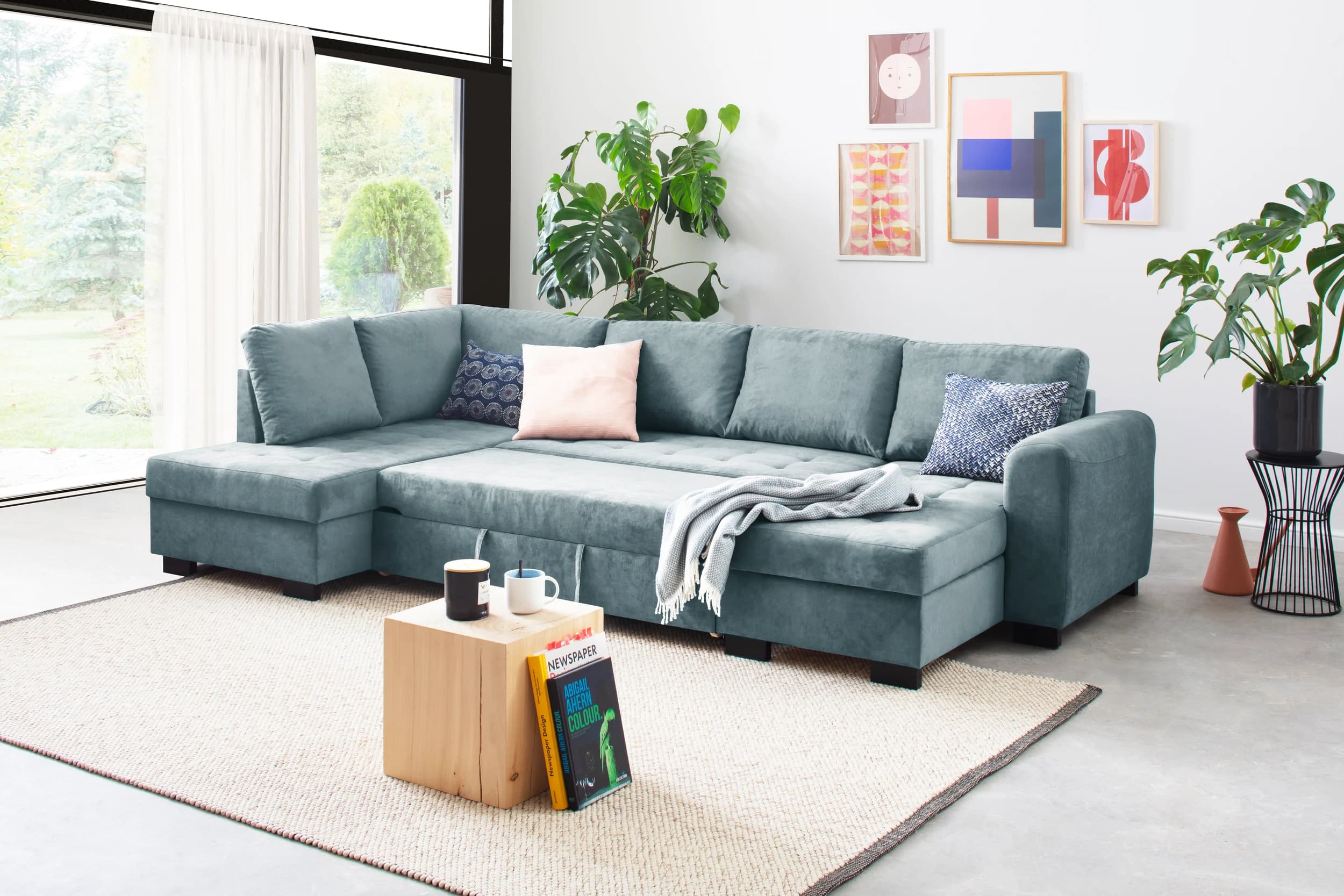 Wohnlandschaft - Ecke links, 2-Sitzer, Longchair rechts, Stoff, Blau