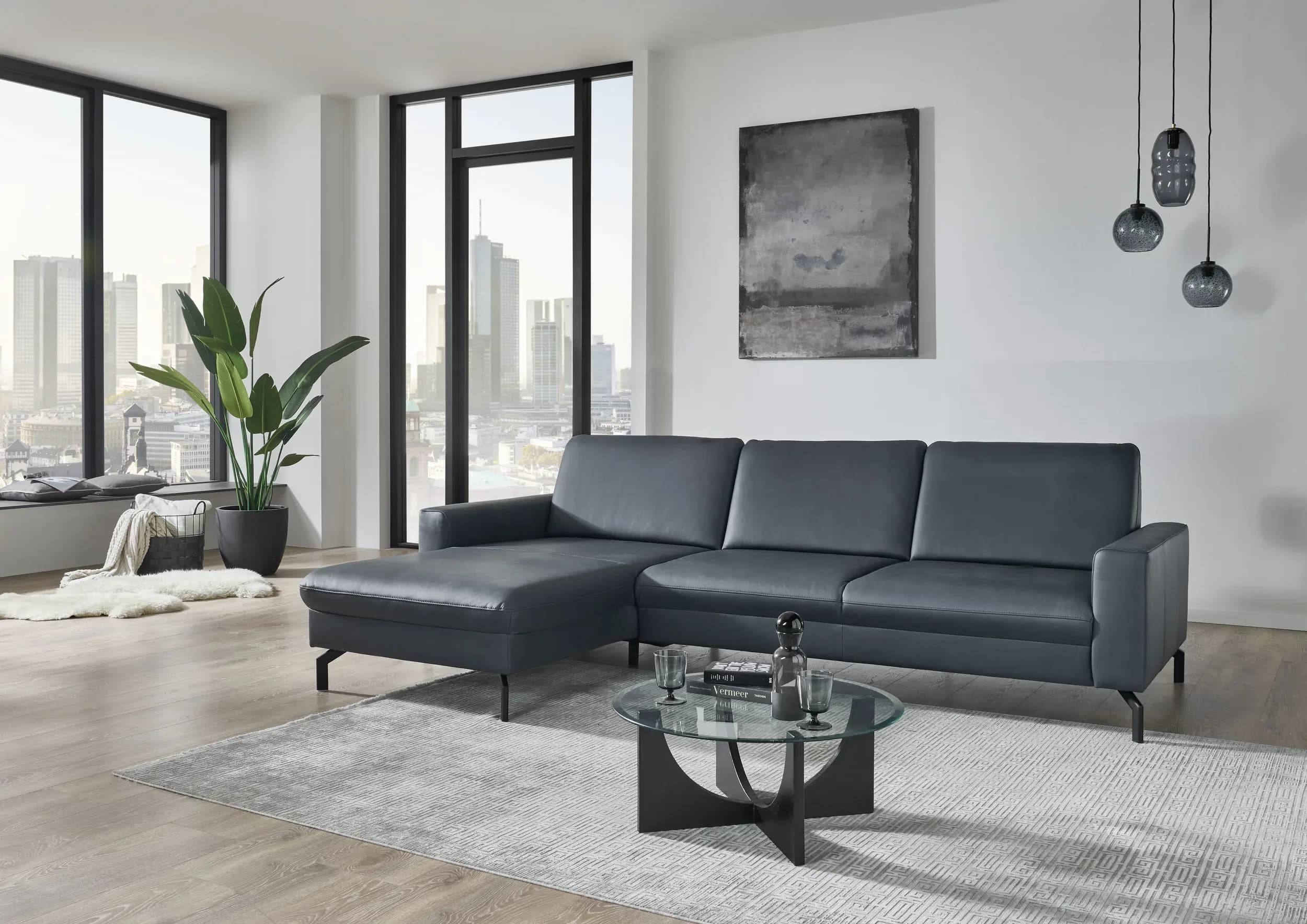 Ecksofa - Longchair links mit 3-Sitzer, Leder, Blau