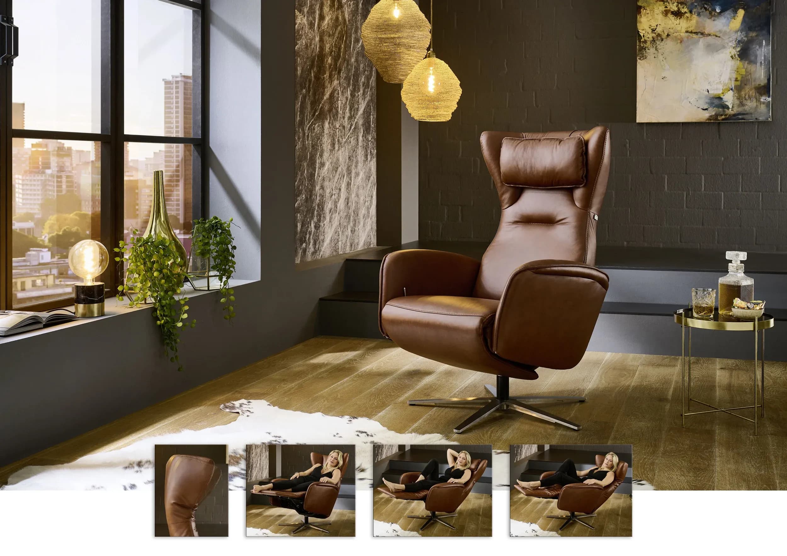 Sessel - Gr.M, Relaxfunktion, Leder, Cognac