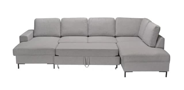 Wohnlandschaft - Longchair links mit 2-Sitzer und Ecke rechts, Schlaffunktion mit Bettkasten, Stoff, Hellgrau