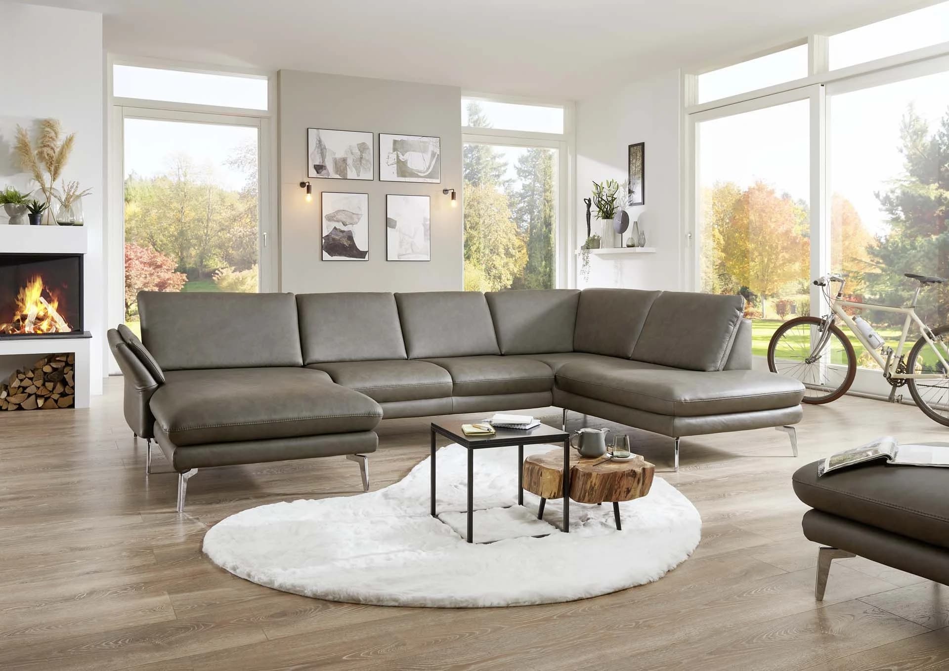 Wohnlandschaft - Longchair links mit 2,5-Sitzer und Ecke rechts, Leder, Dunkelgrau