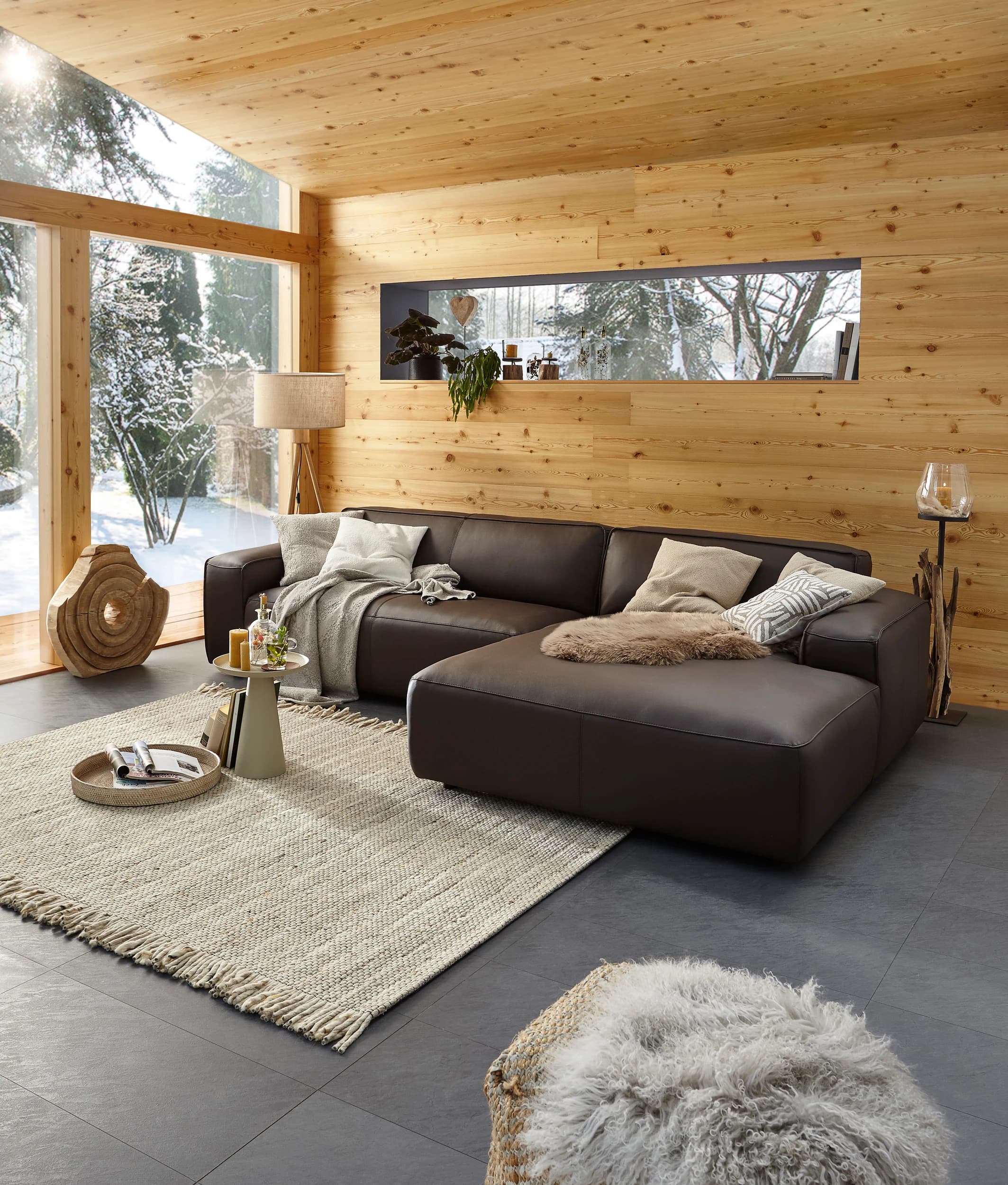 Ecksofa Denver - 2,5-Sitzer mit Longchair rechts, groß, Leder, Mocca