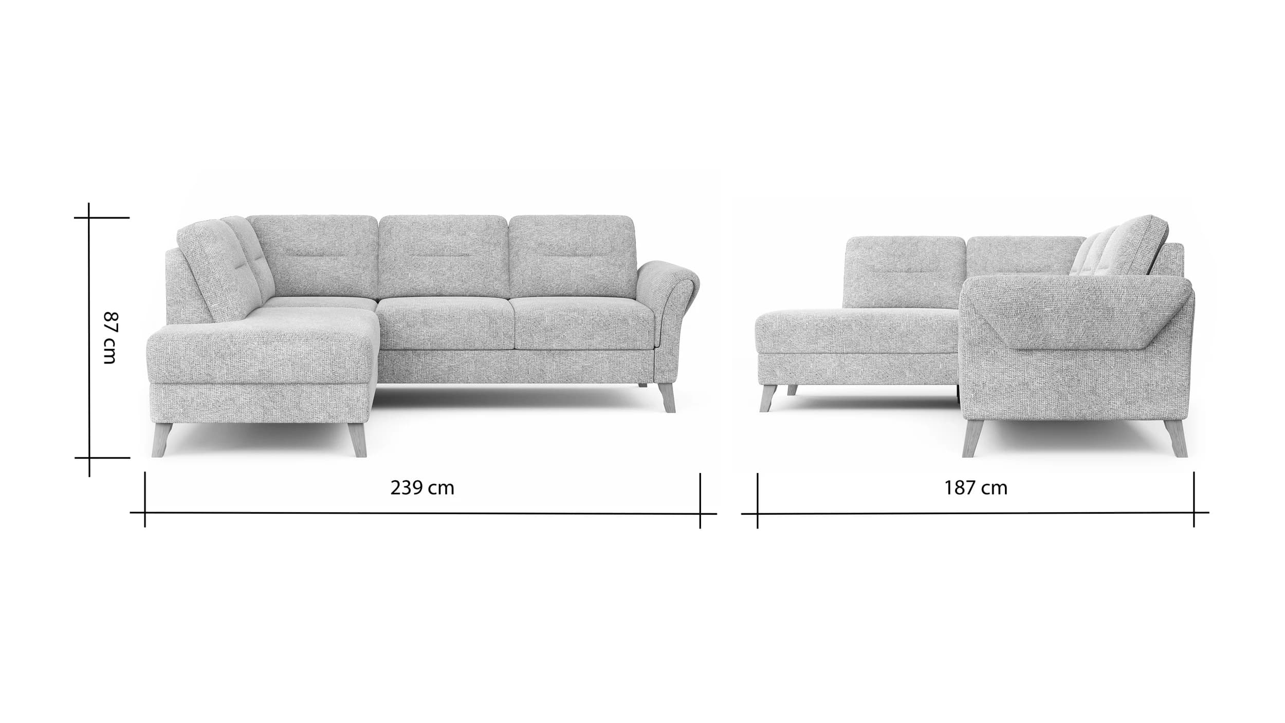 Ecksofa Almyra - Ottomane links mit 2,5-Sitzer, Stoff, Silbergrau