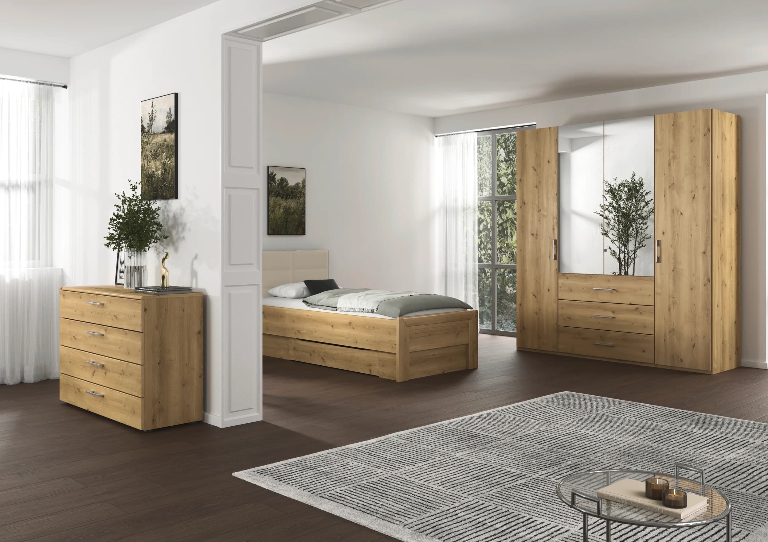 Bett - Liegefläche ca. 100x200 cm, mit Polsterkopfteil Champagner, Stollenfuß Asteiche Massiv