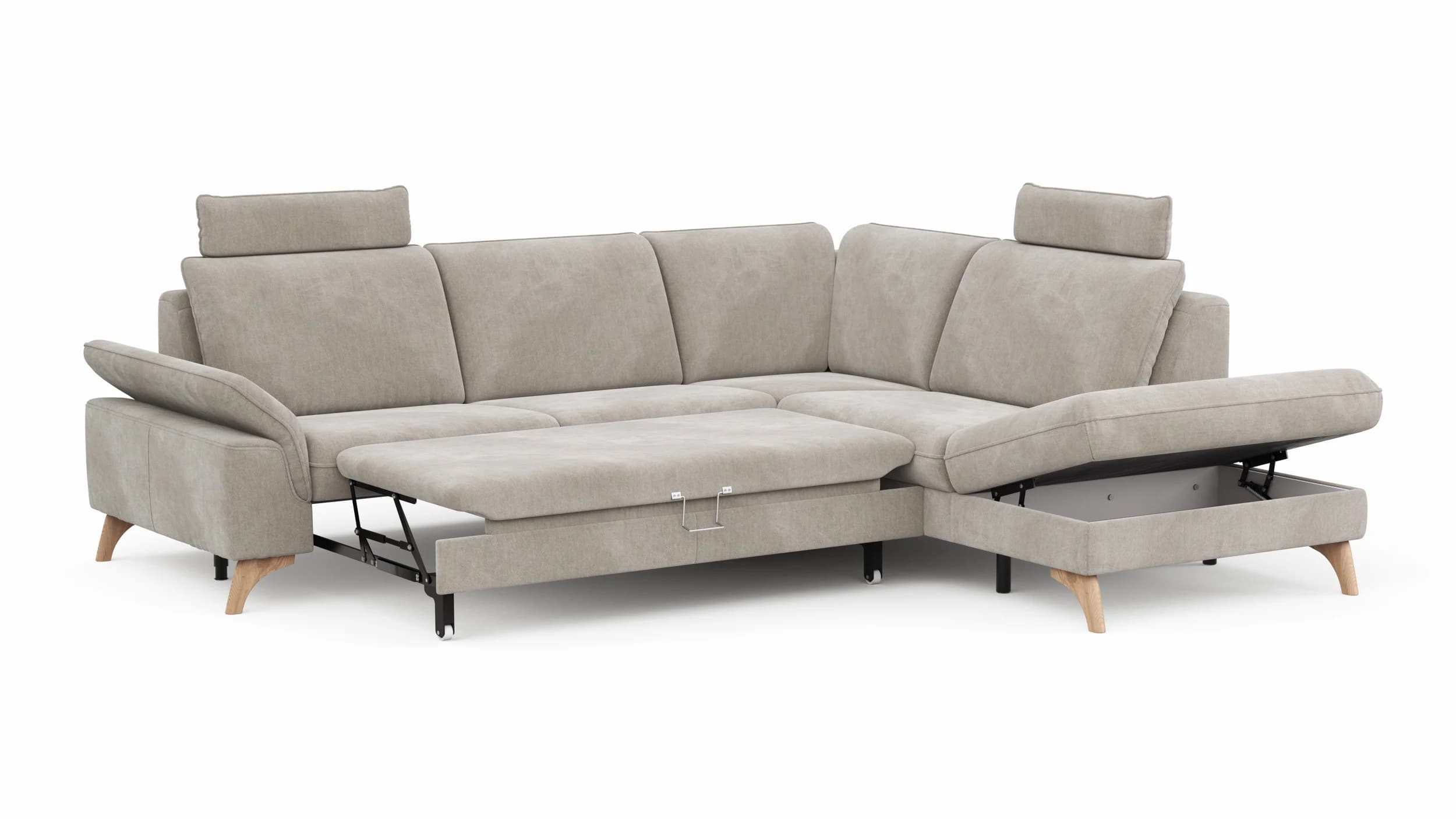 Ecksofa Tulsa KS - 2,5-Sitzer, Spitzecke und 1,5-Sitzer mit Anstellhocker aufklappbar rechts, inkl. Kopfstütze, AL verstellbar und Schlaffunktion, Stoff, Graubeige